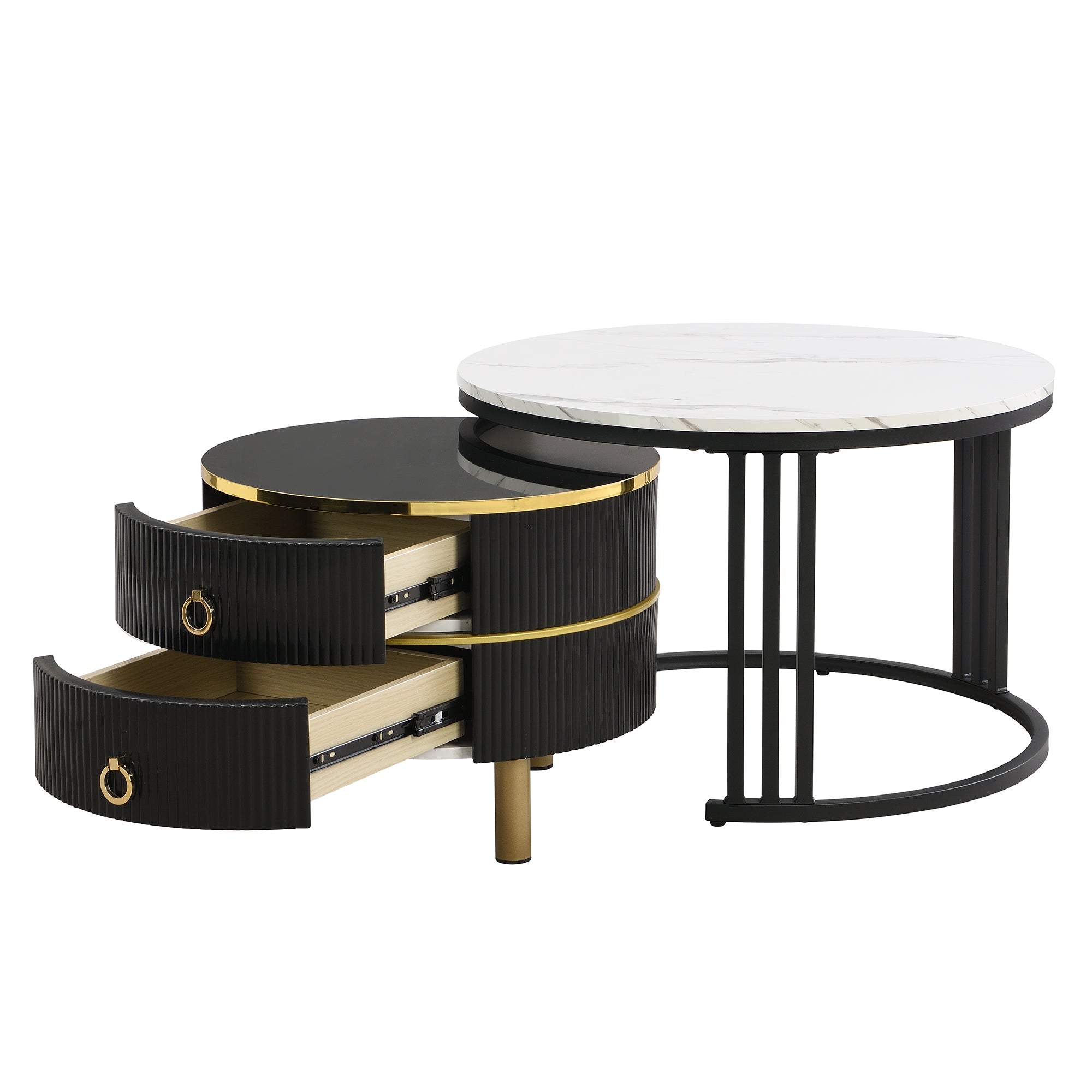 Logidon 2-in-1 ronde MDF salontafel zwart met glanzend marmerpatroon