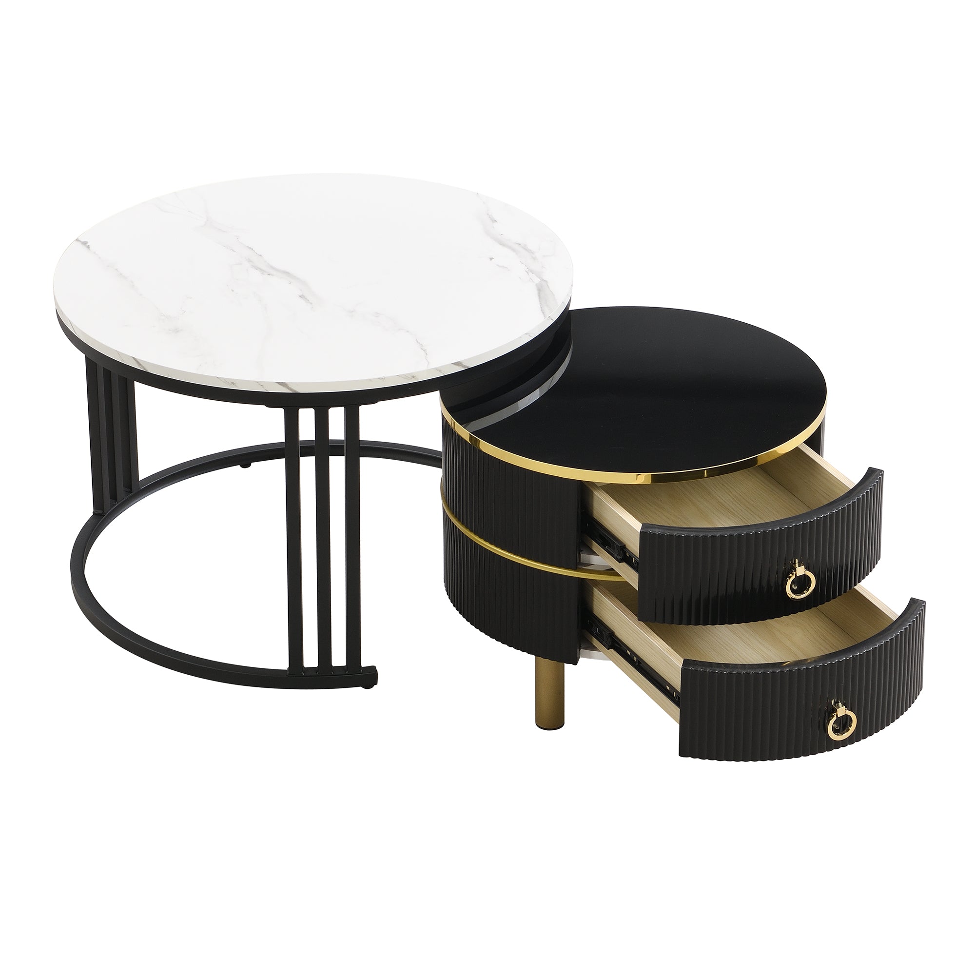Logidon 2-in-1 ronde MDF salontafel zwart met glanzend marmerpatroon