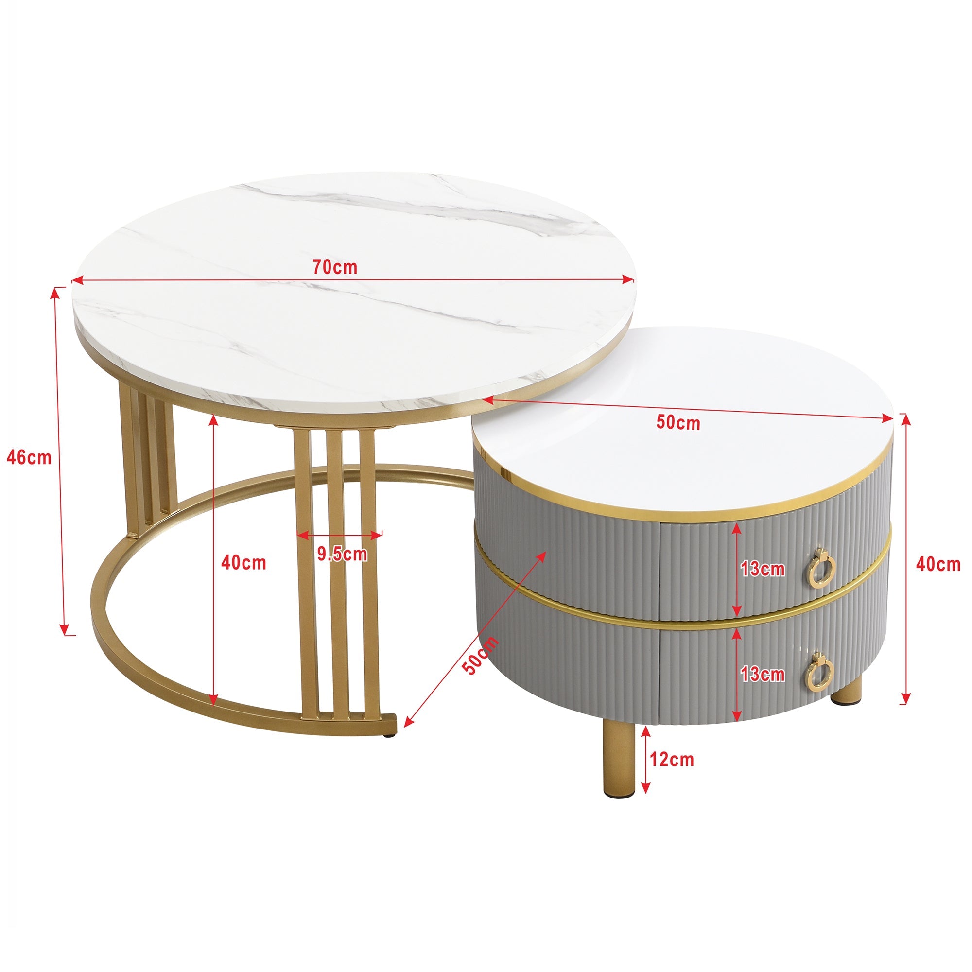 Logidon 2-in-1 ronde MDF salontafelset grijs 70x70+50x50 cm marmeren plank