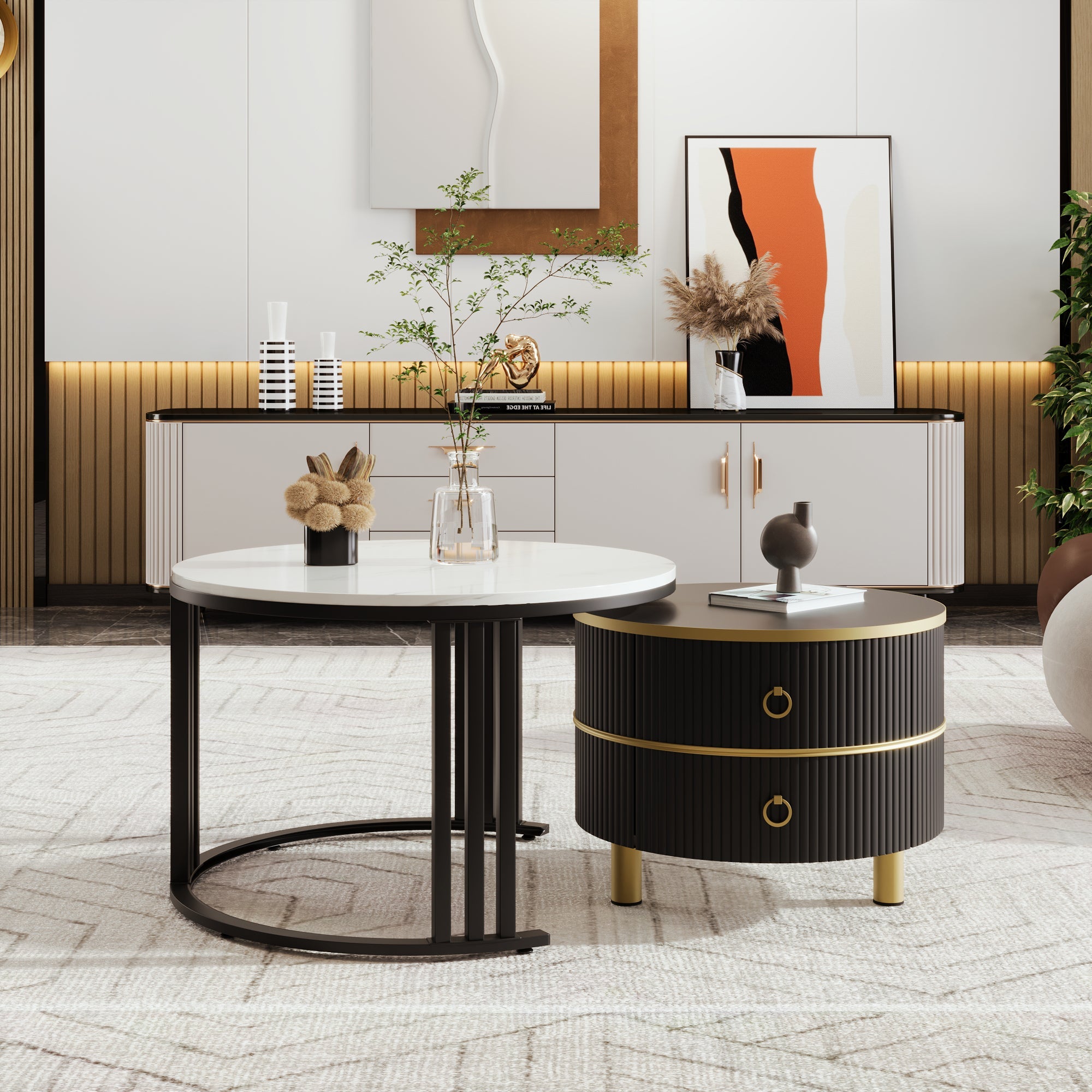 Logidon 2-in-1 ronde MDF salontafel zwart met glanzend marmerpatroon