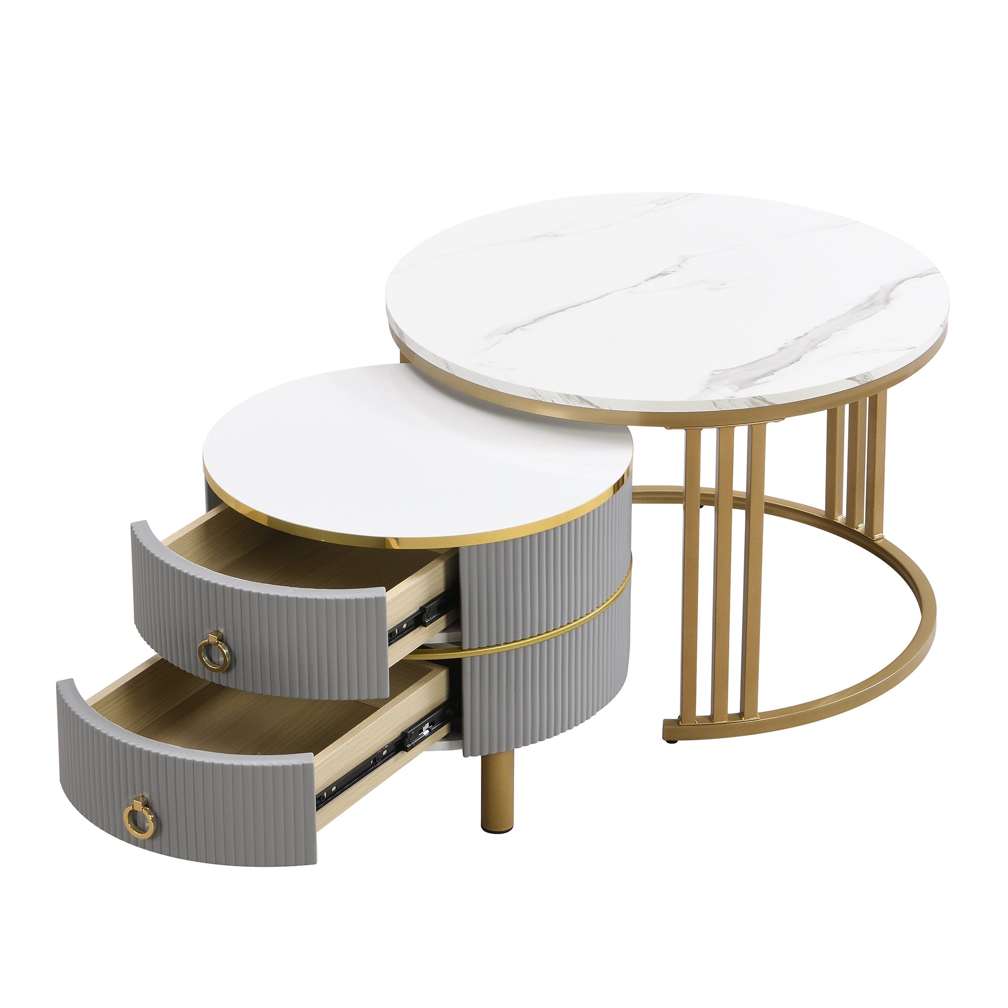 Logidon 2-in-1 ronde MDF salontafelset grijs 70x70+50x50 cm marmeren plank