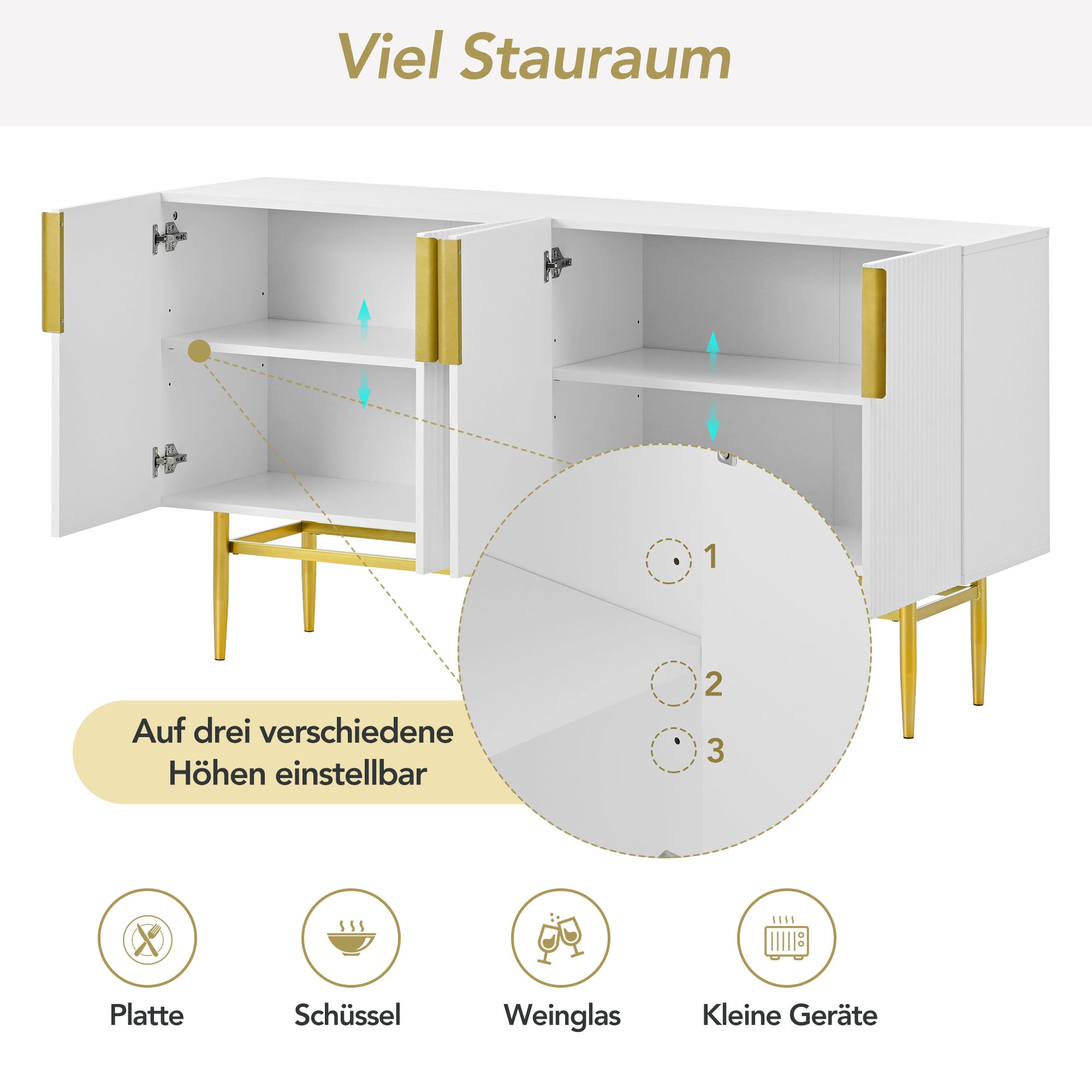 Logidon Dressoir Wit - Buffetkast met gouden handvat, 4 deuren