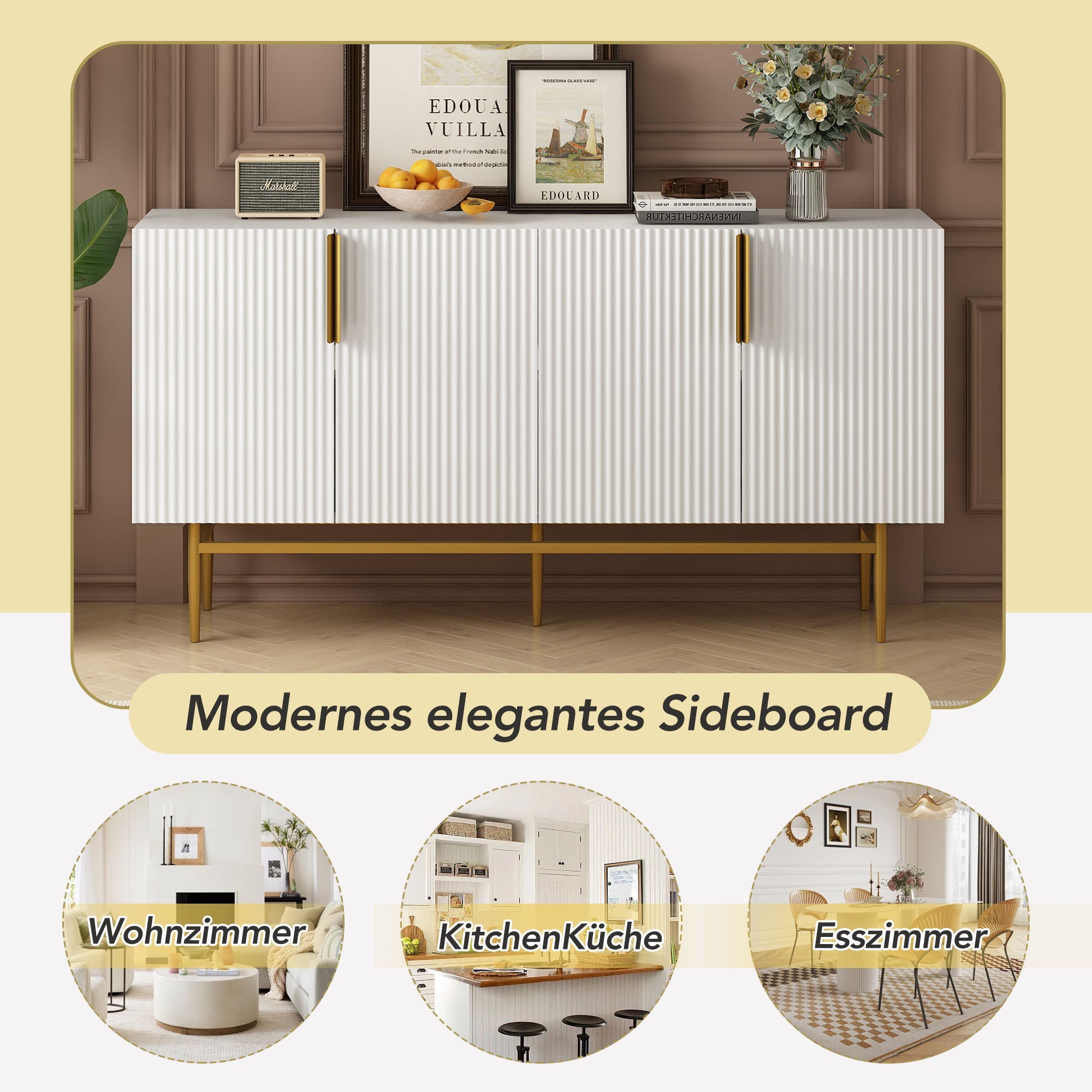 Logidon Dressoir Wit - Buffetkast met gouden handvat, 4 deuren