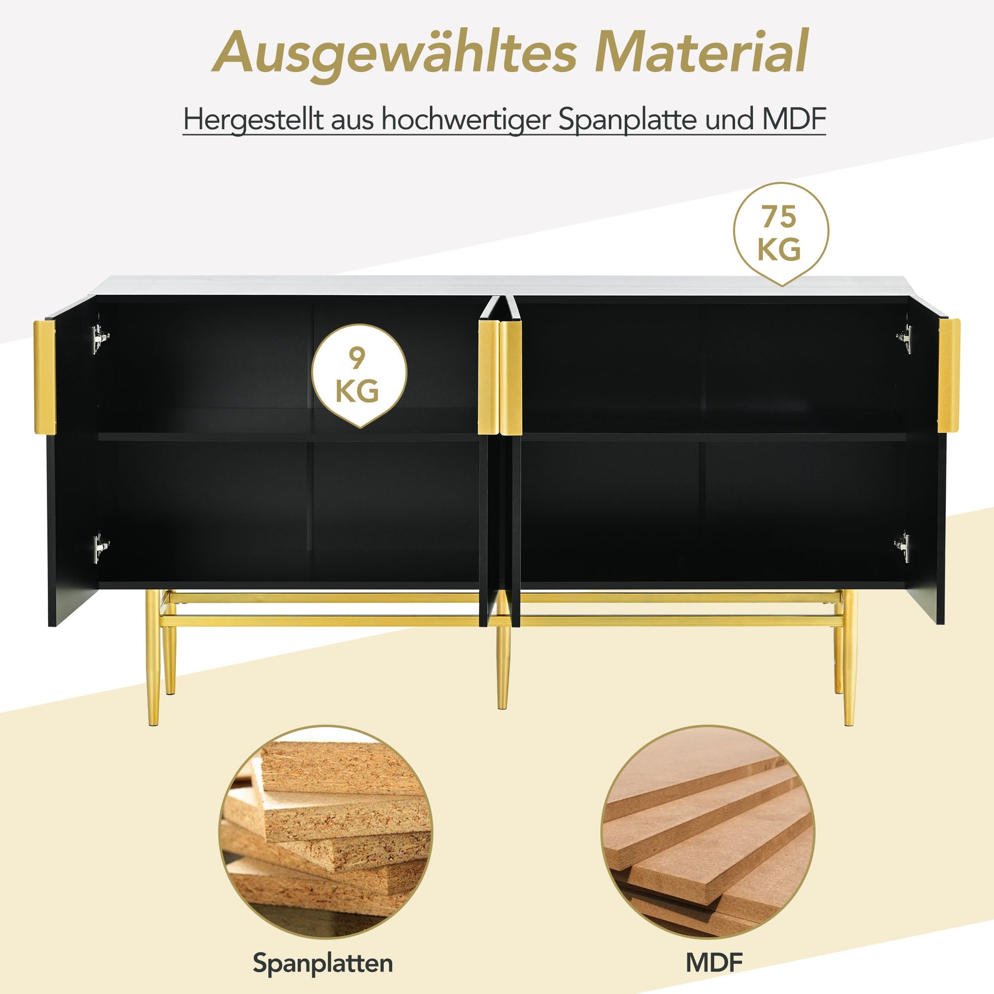 Logidon Modern Dressoir Zwart Gouden Handgrepen 152,5x40,5x80 cm