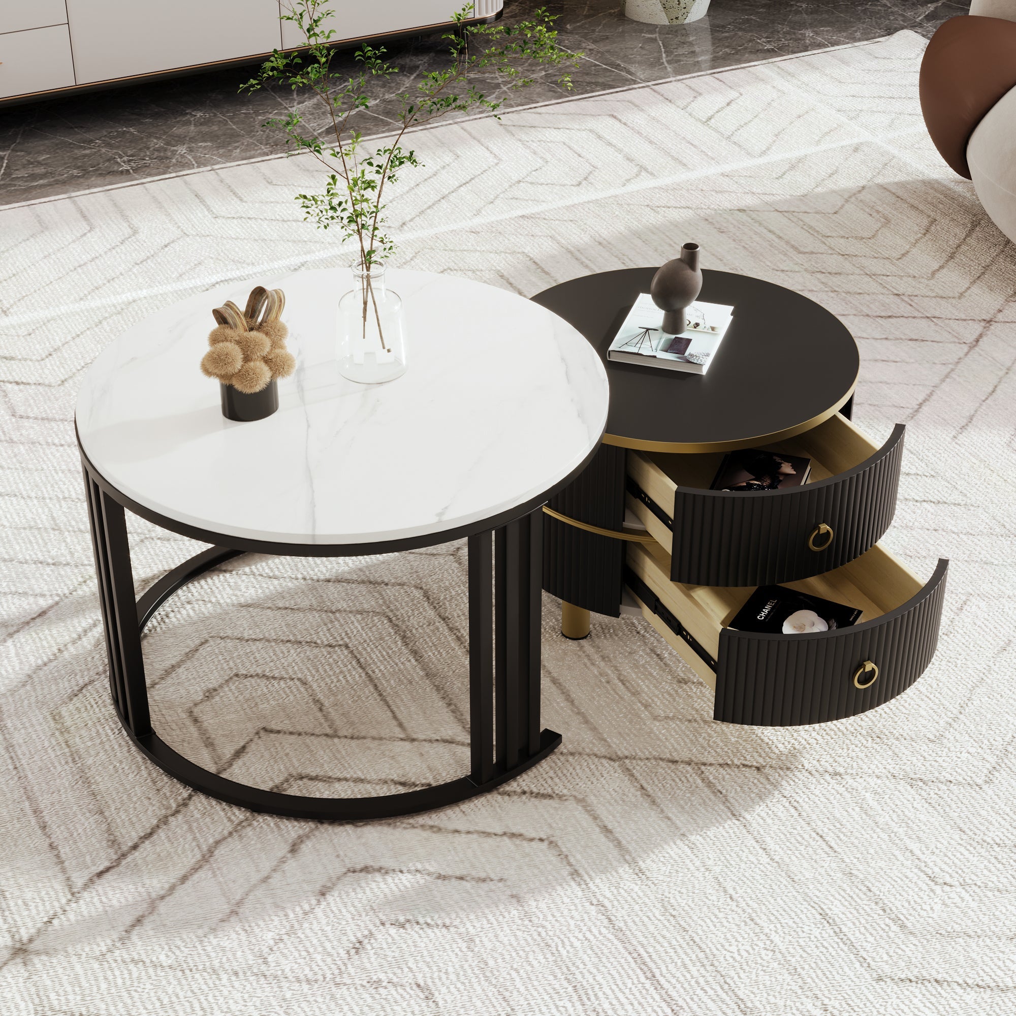 Logidon 2-in-1 ronde MDF salontafel zwart met glanzend marmerpatroon