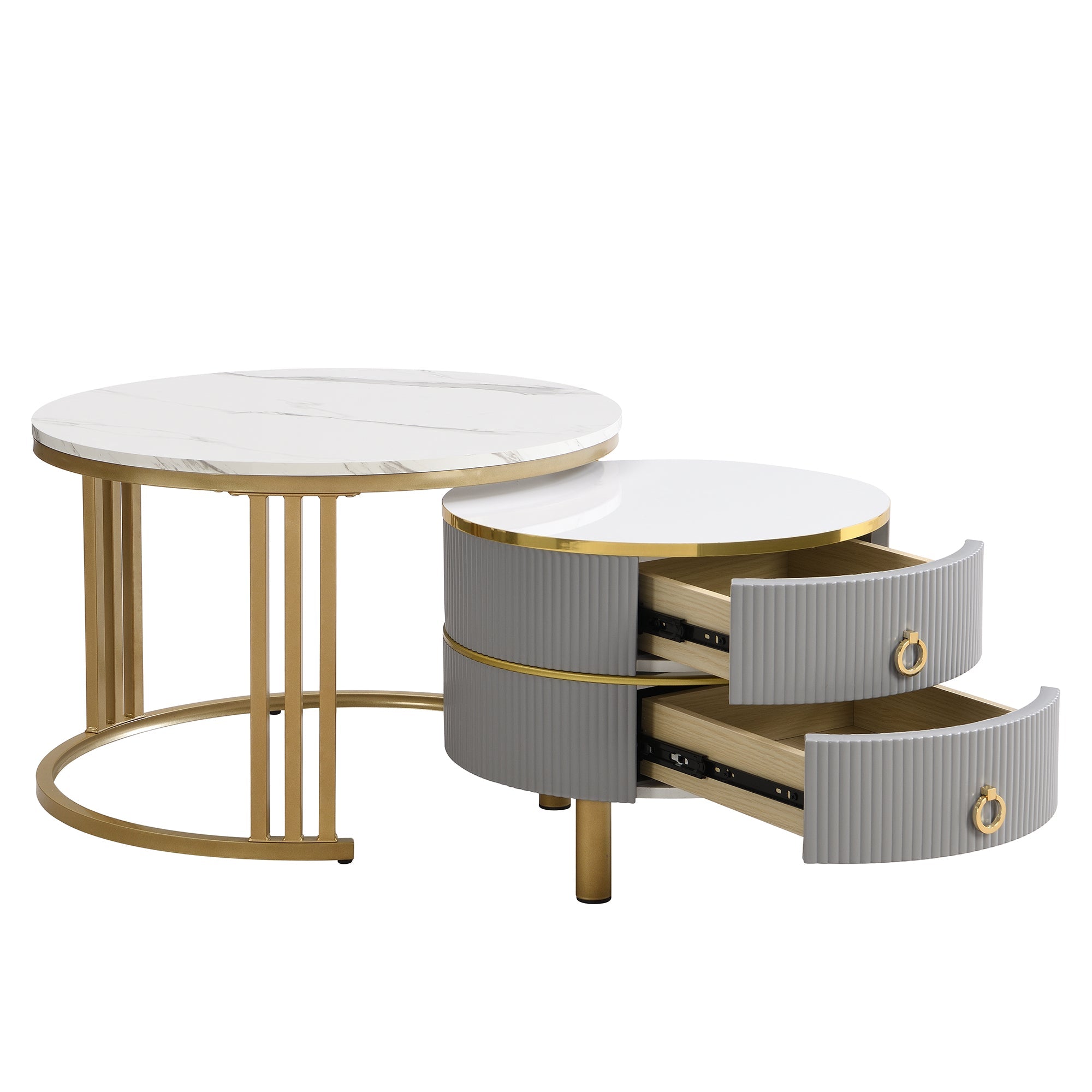 Logidon 2-in-1 ronde MDF salontafelset grijs 70x70+50x50 cm marmeren plank