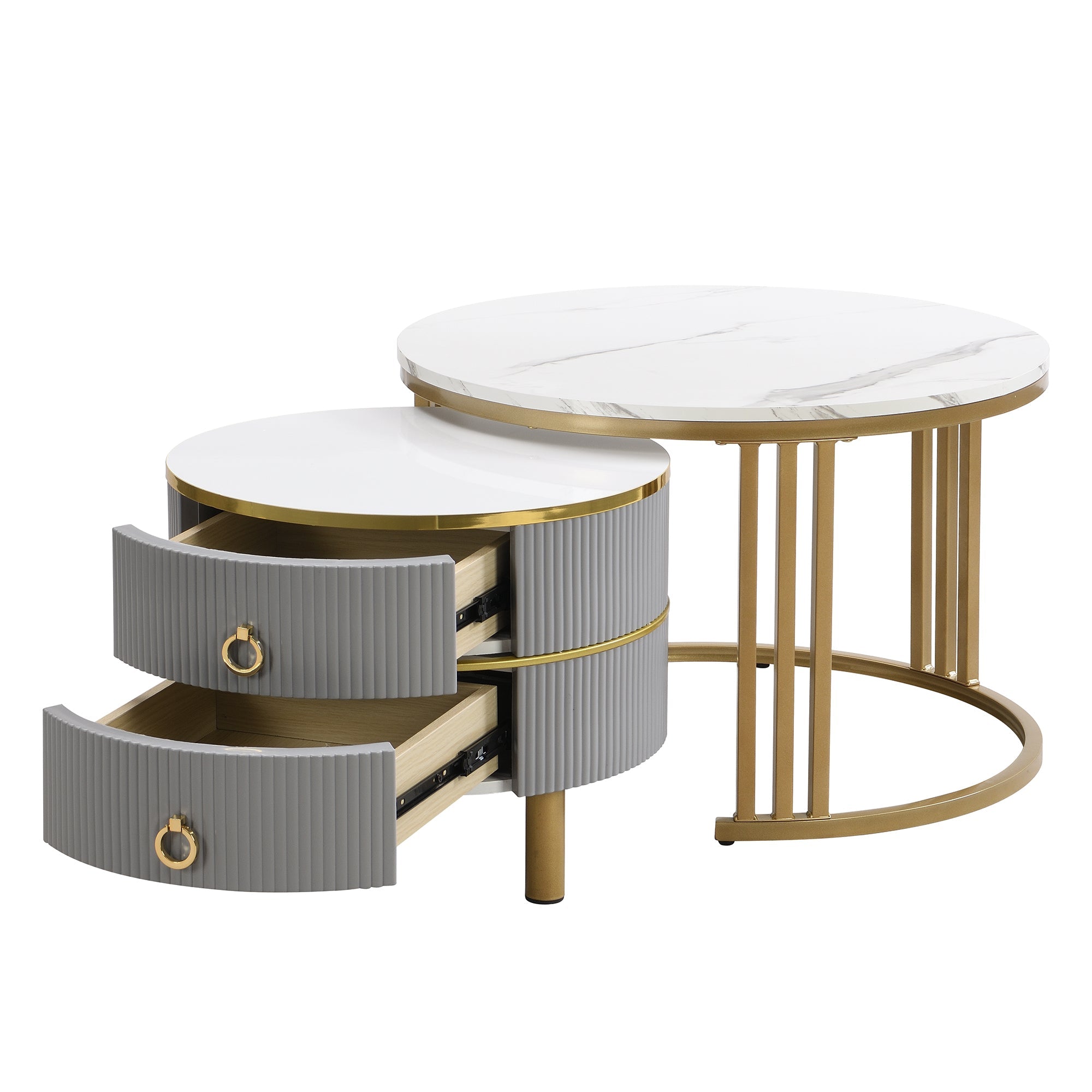 Logidon 2-in-1 ronde MDF salontafelset grijs 70x70+50x50 cm marmeren plank