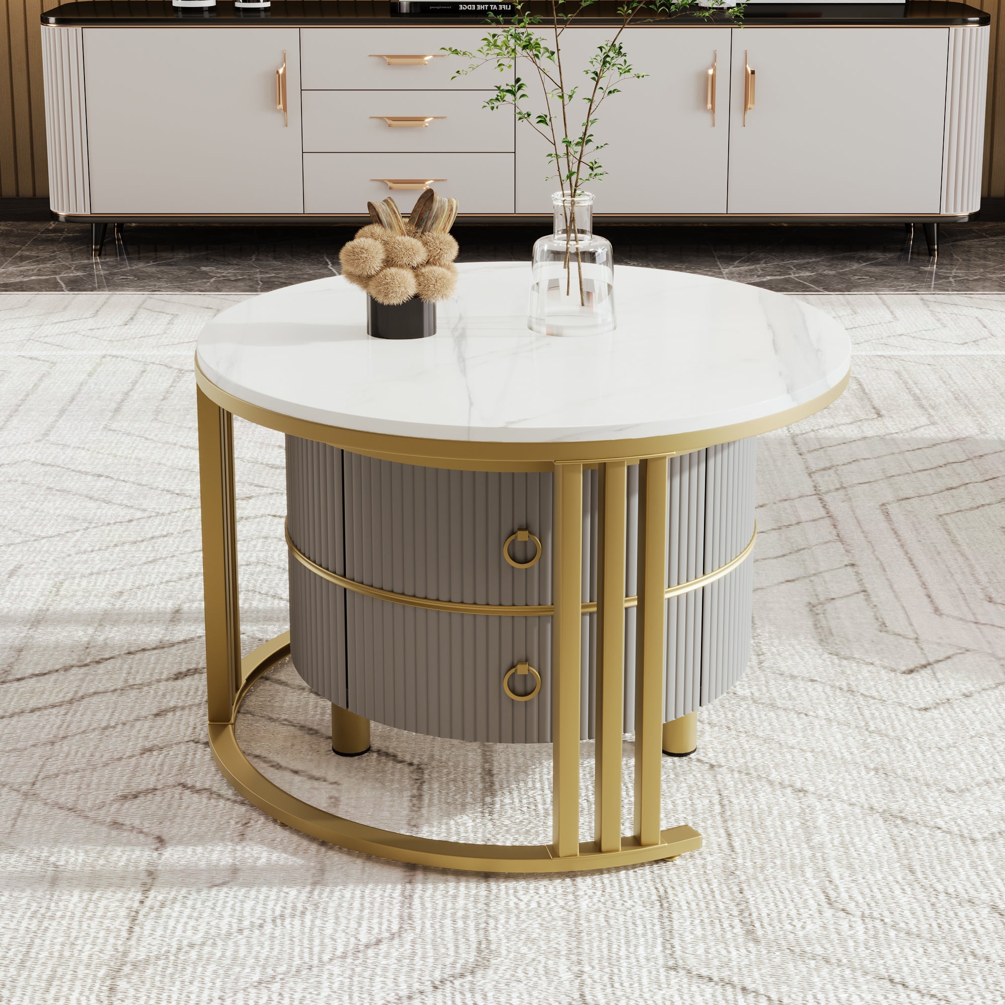 Logidon 2-in-1 ronde MDF salontafelset grijs 70x70+50x50 cm marmeren plank