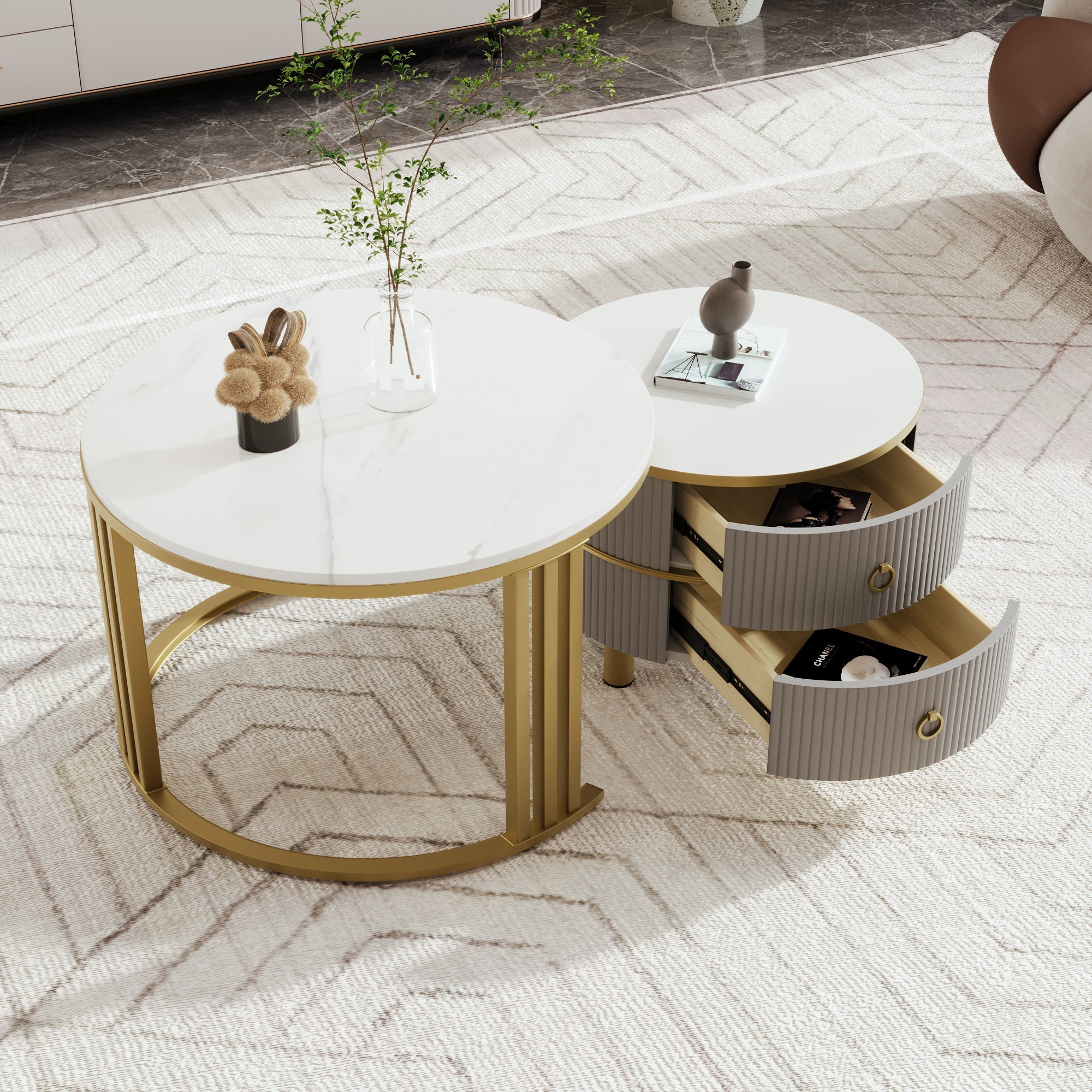 Logidon 2-in-1 ronde MDF salontafelset grijs 70x70+50x50 cm marmeren plank