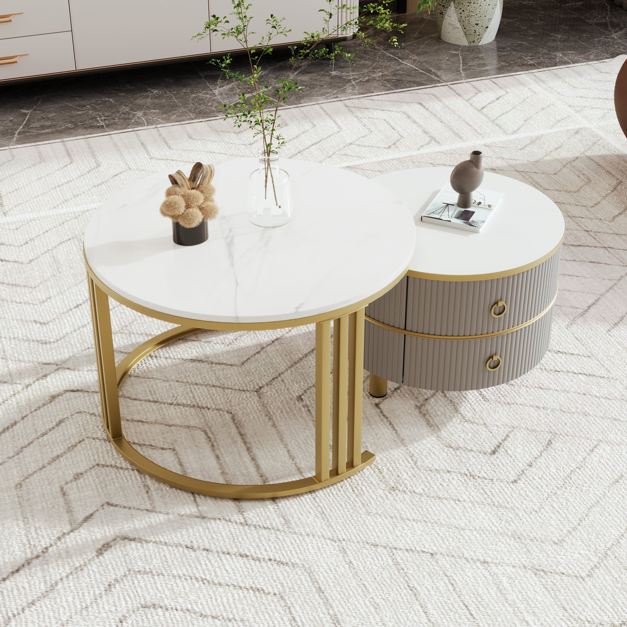 Logidon 2-in-1 ronde MDF salontafelset grijs 70x70+50x50 cm marmeren plank