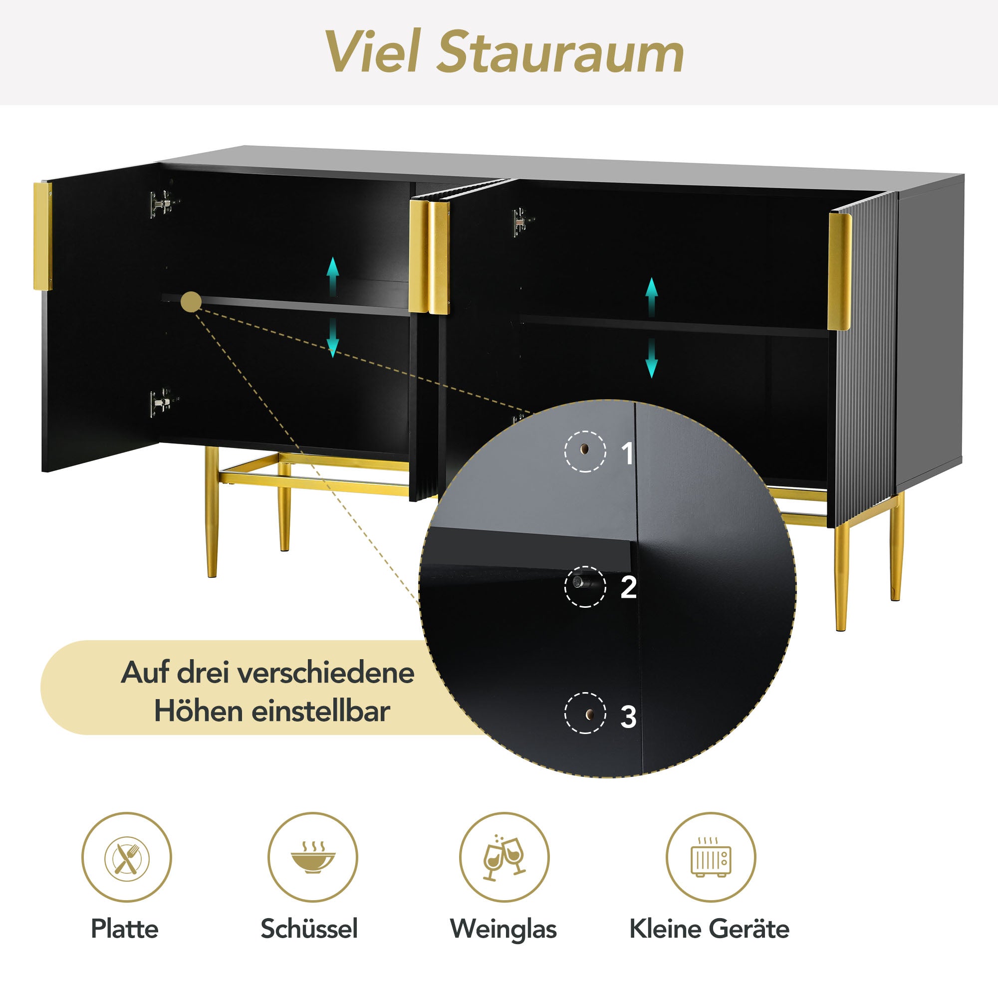 Logidon Modern Dressoir Zwart Gouden Handgrepen 152,5x40,5x80 cm