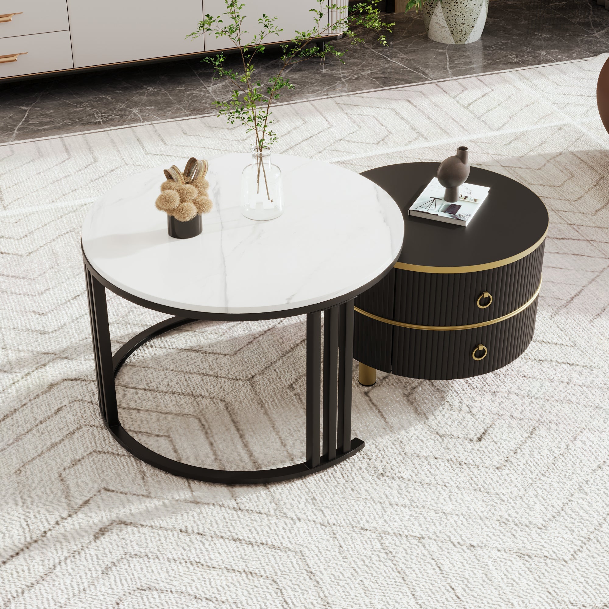 Logidon 2-in-1 ronde MDF salontafel zwart met glanzend marmerpatroon
