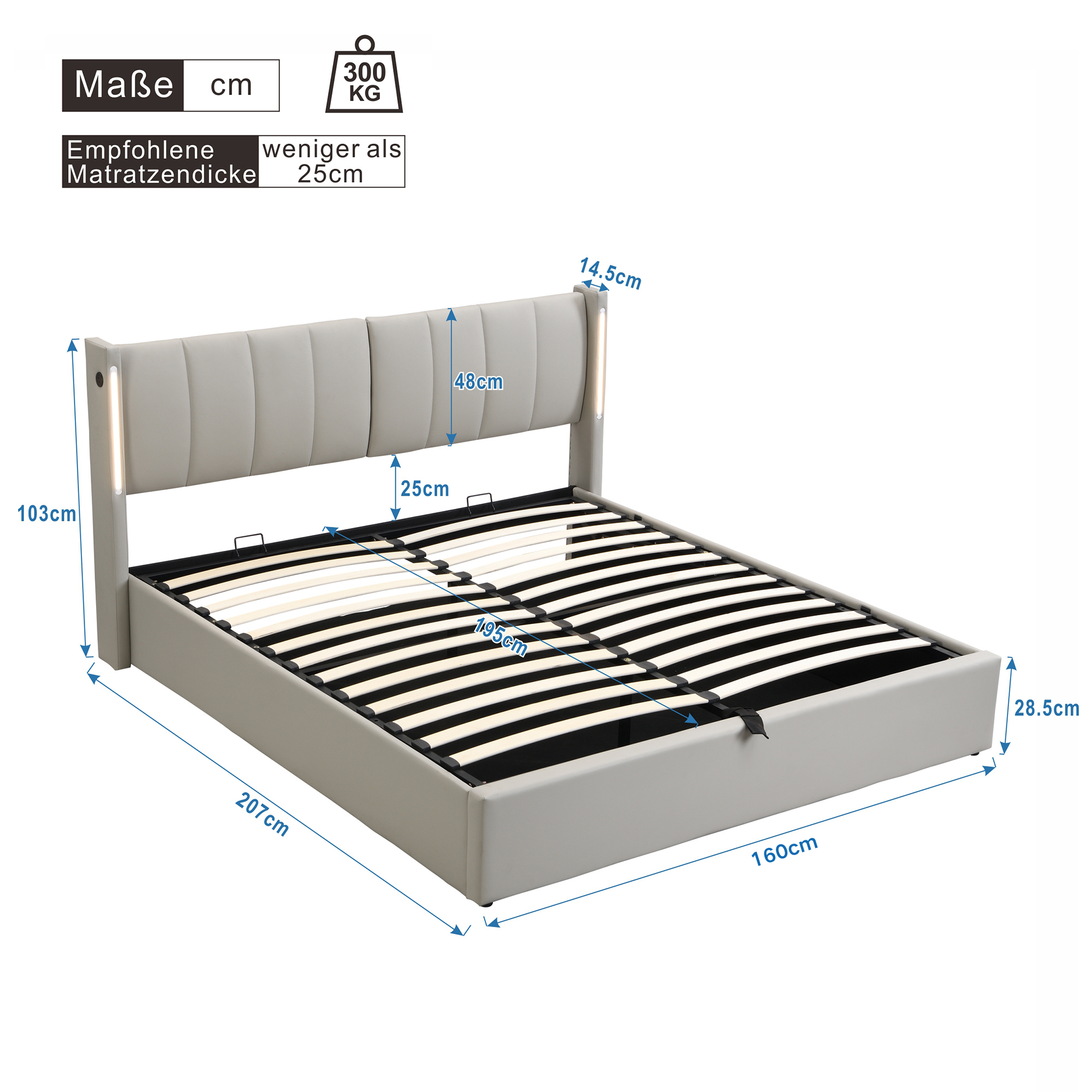 Logidon Binaural LED gestoffeerd bed 160x200 grijs met opbergruimte