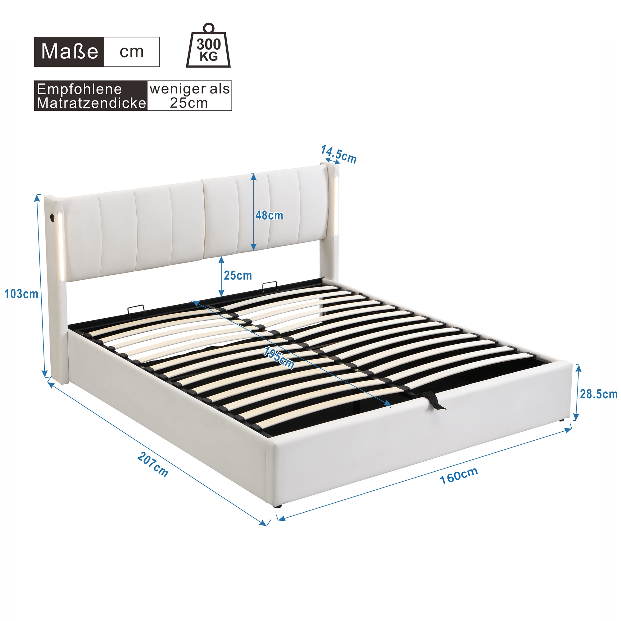 Logidon Binaural LED gestoffeerd bed 160 x 200 cm wit met opbergruimte