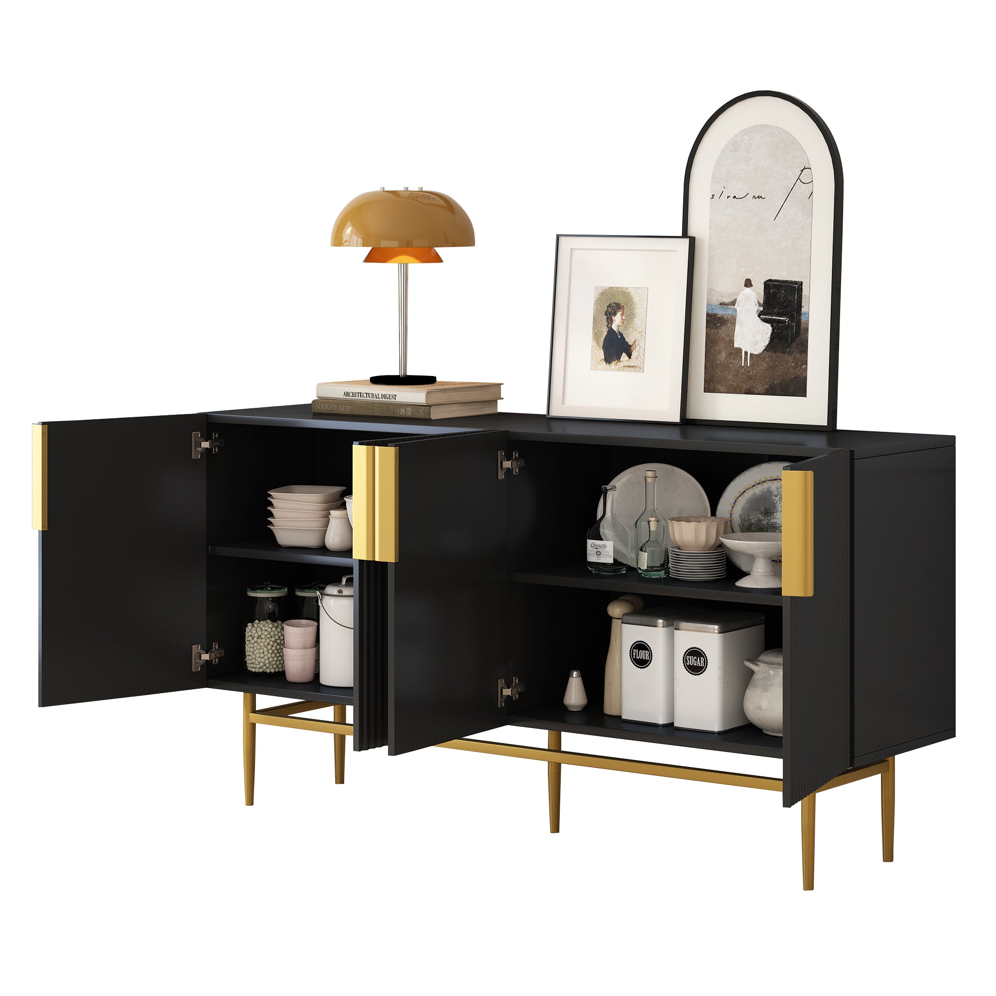 Logidon Modern Dressoir Zwart Gouden Handgrepen 152,5x40,5x80 cm