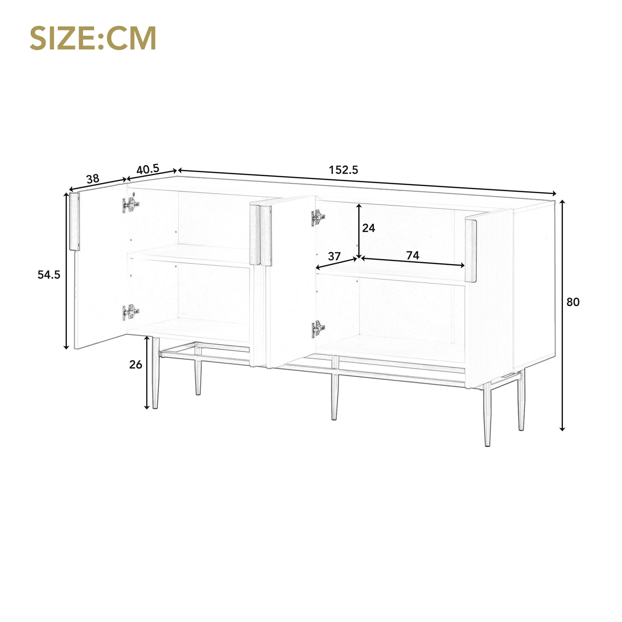 Logidon Dressoir Wit - Buffetkast met gouden handvat, 4 deuren