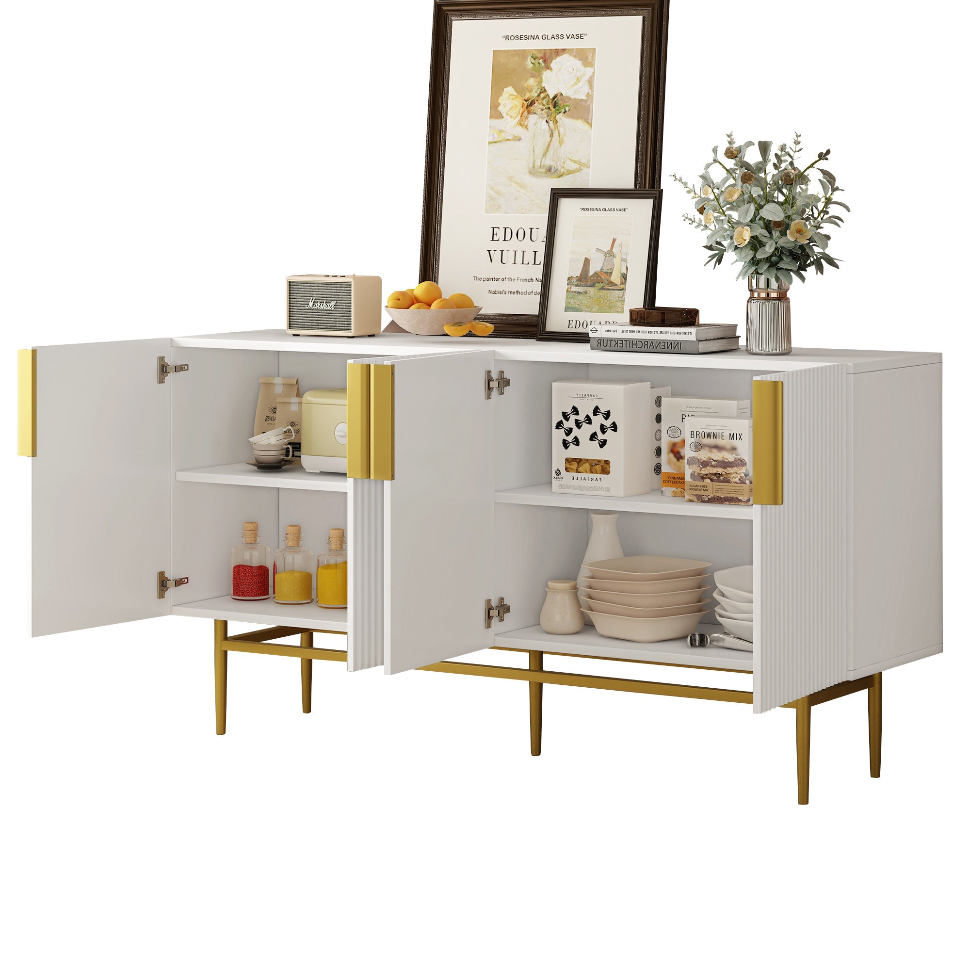Logidon Dressoir Wit - Buffetkast met gouden handvat, 4 deuren