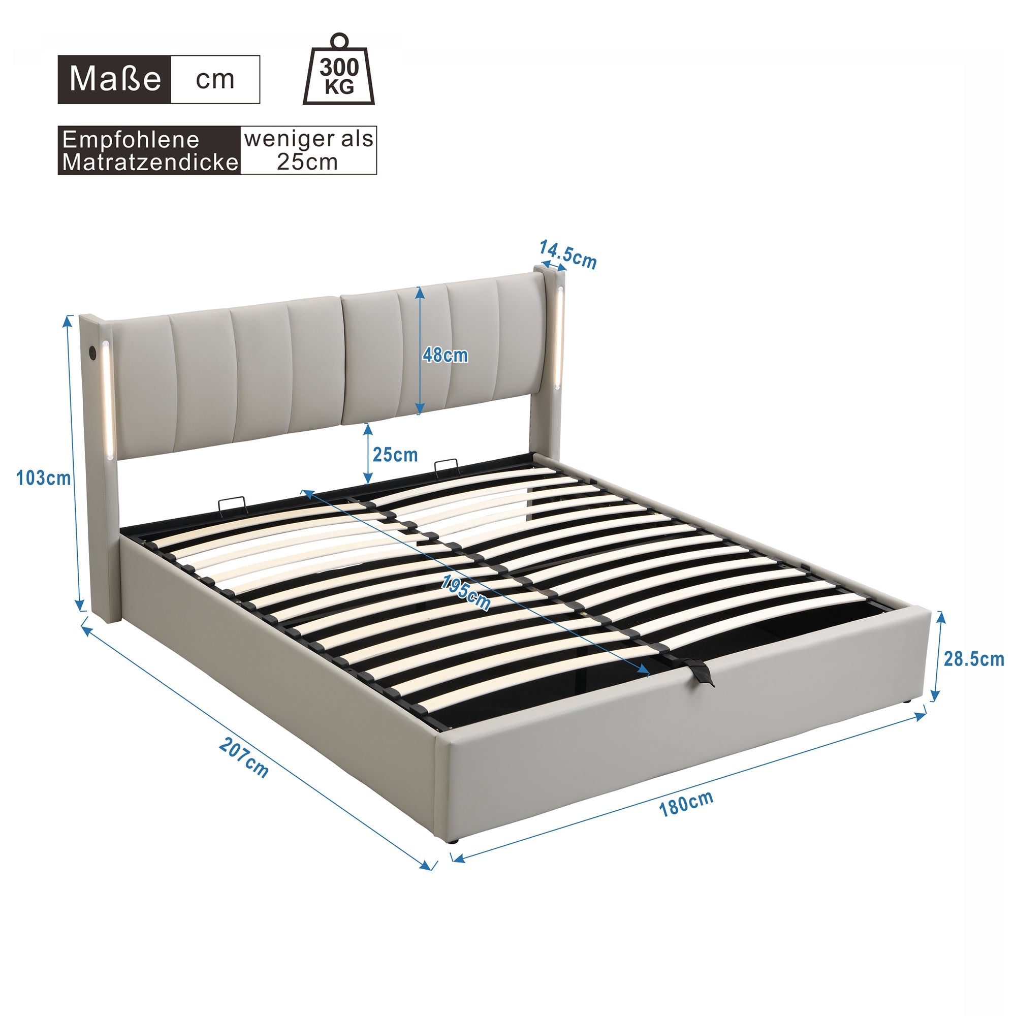 Logidon LED gestoffeerd bed 180x200 cm grijs verstelbaar hoofdbord USB