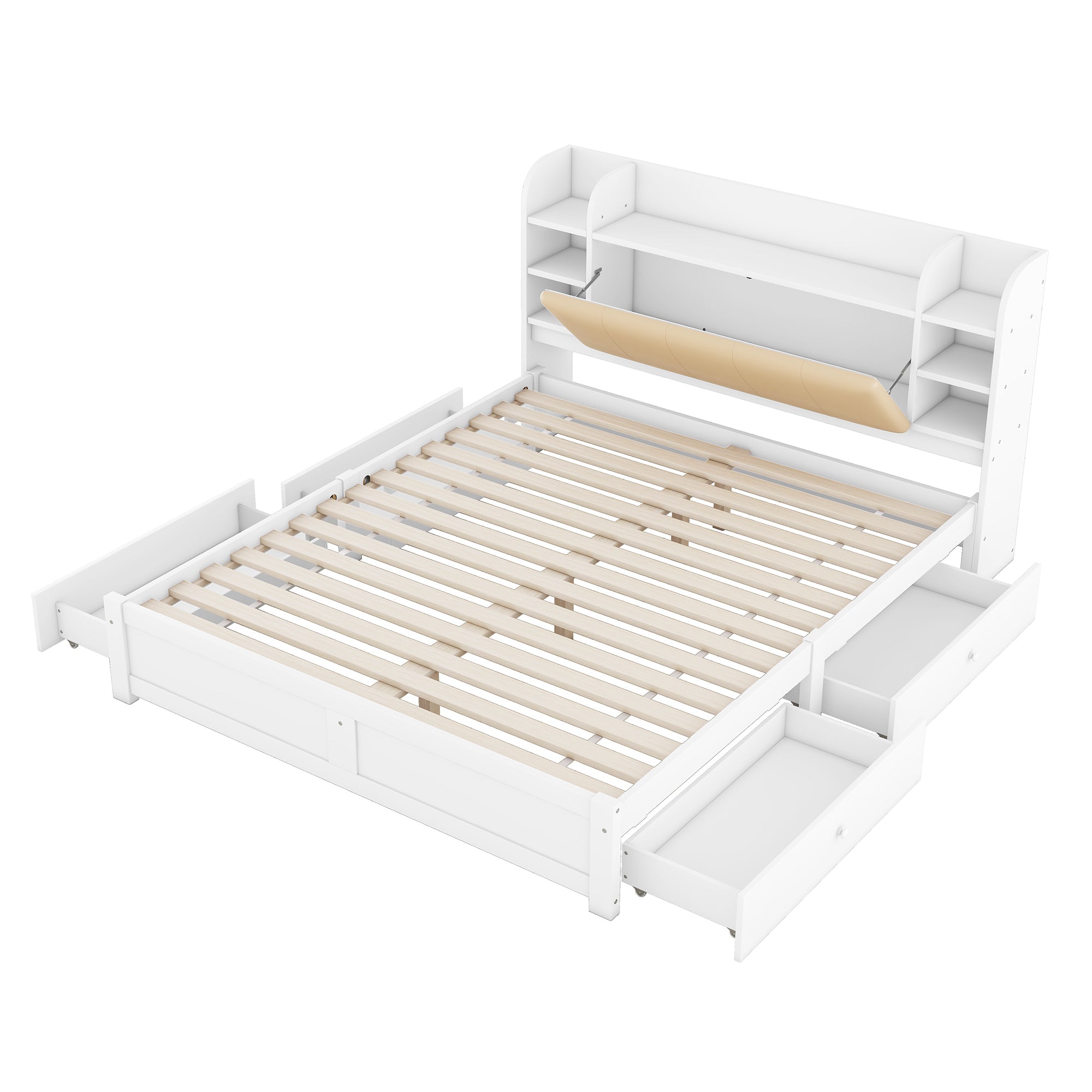 Logidon 180x200 cm plat bed met opklapbaar hoofdbord opbergruimte wit