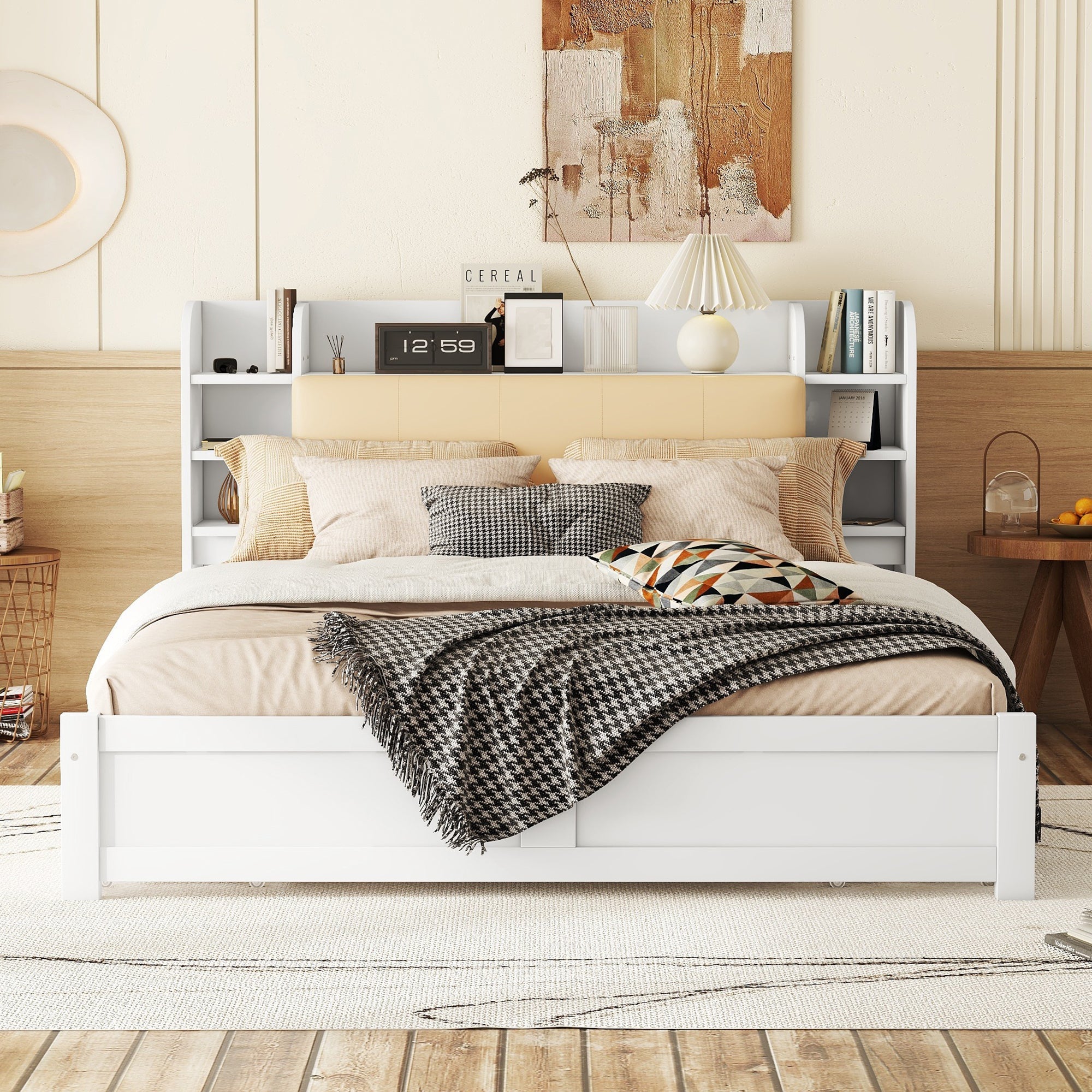 Logidon 180x200 cm plat bed met opklapbaar hoofdbord opbergruimte wit