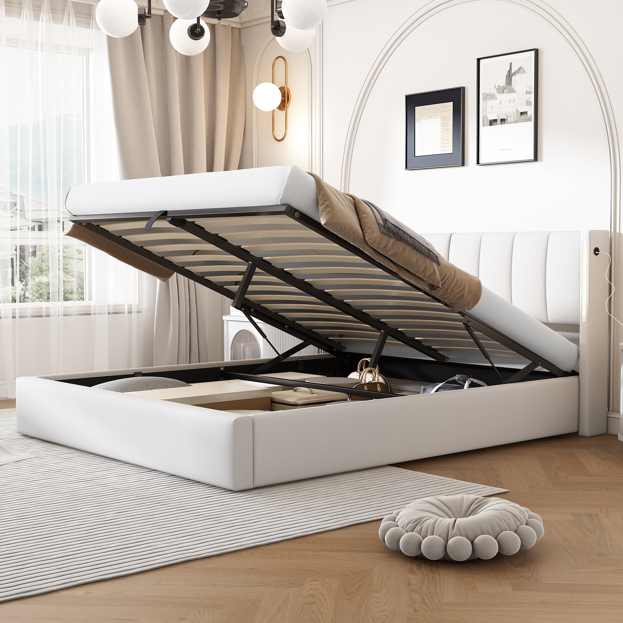 Logidon Binaural LED gestoffeerd bed 160 x 200 cm wit met opbergruimte