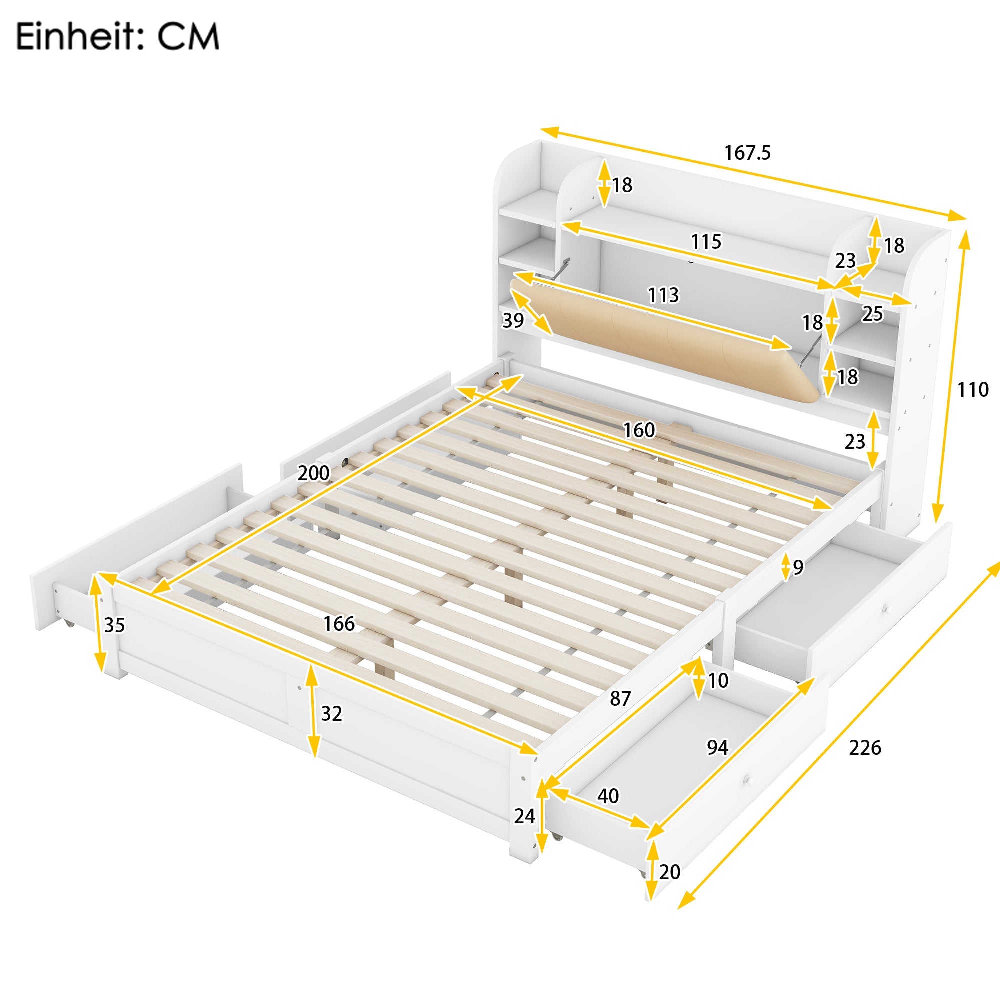 Logidon bed 160x200 wit met opklapbaar hoofdeinde en vier lades