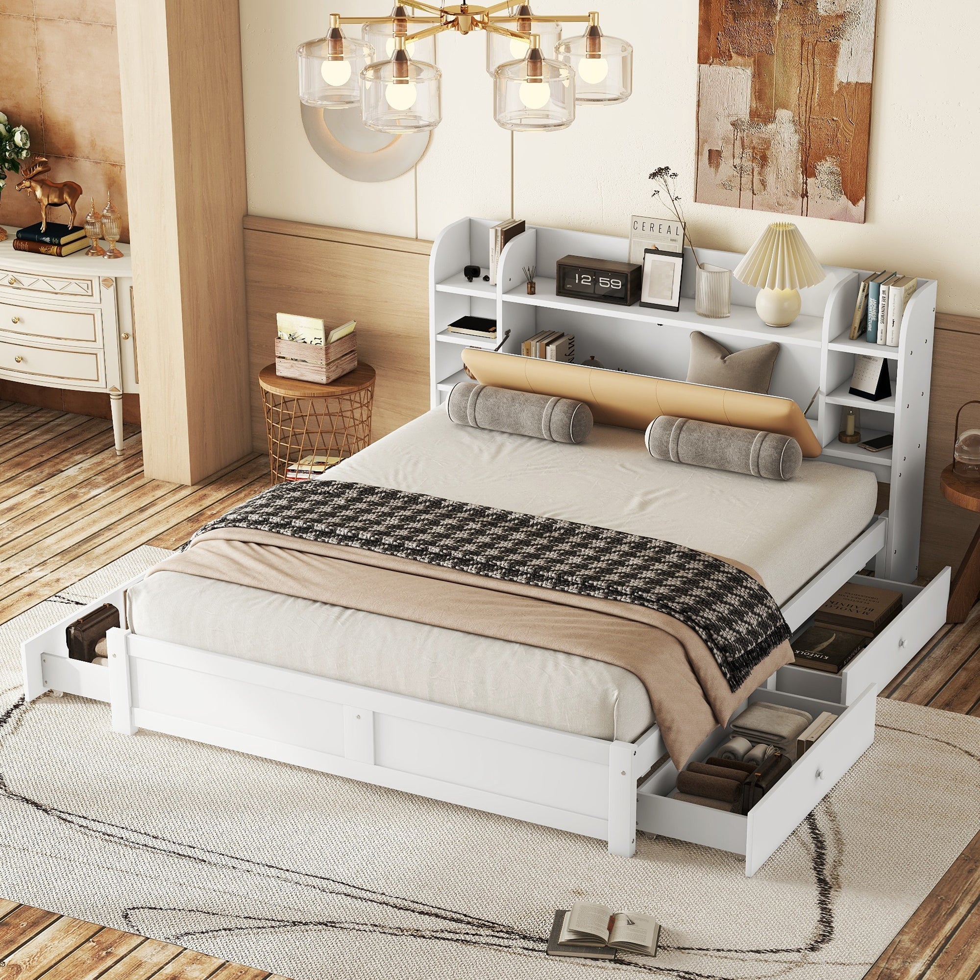 Logidon 180x200 cm plat bed met opklapbaar hoofdbord opbergruimte wit