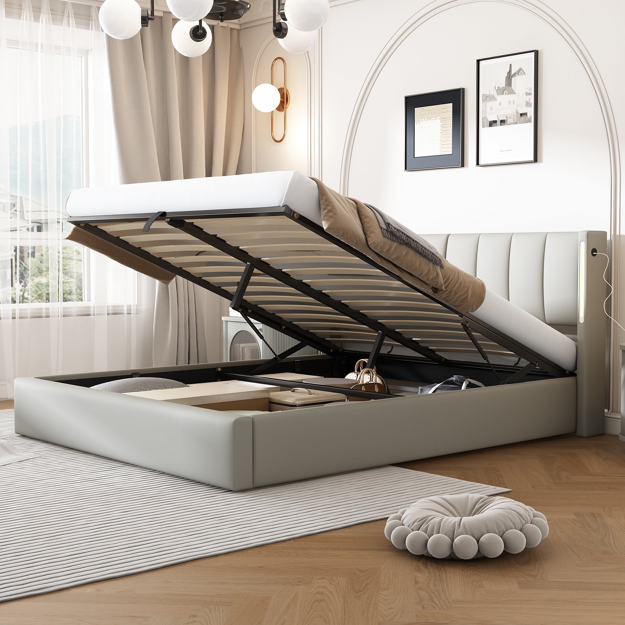 Logidon Binaural LED Upholstered Bed 160x200 Gray With Storage Space