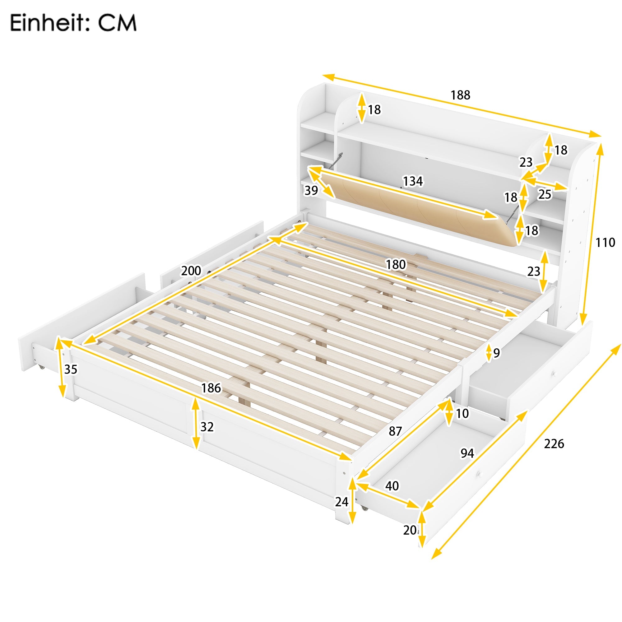 Logidon 180x200 cm plat bed met opklapbaar hoofdbord opbergruimte wit