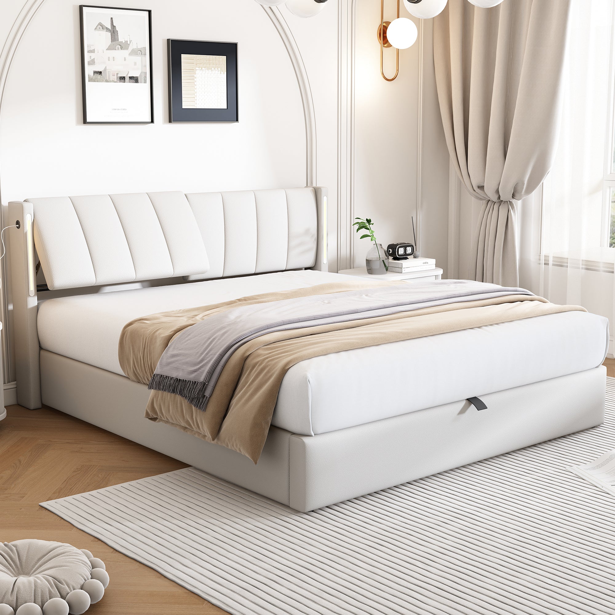 Logidon Binaural LED gestoffeerd bed 160 x 200 cm wit met opbergruimte