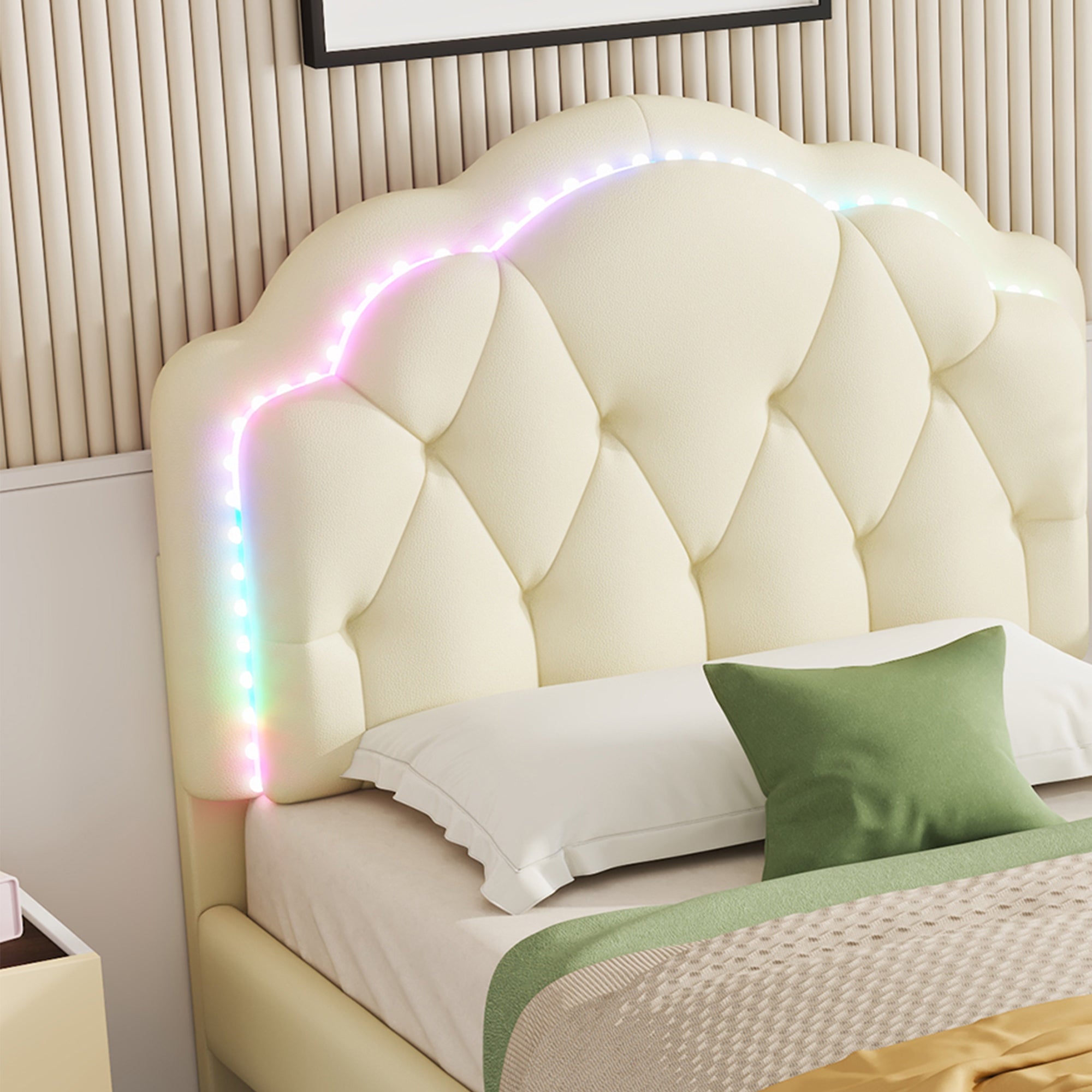 Logidon gestoffeerd bed 90x200cm wit wave hoofdbord LED