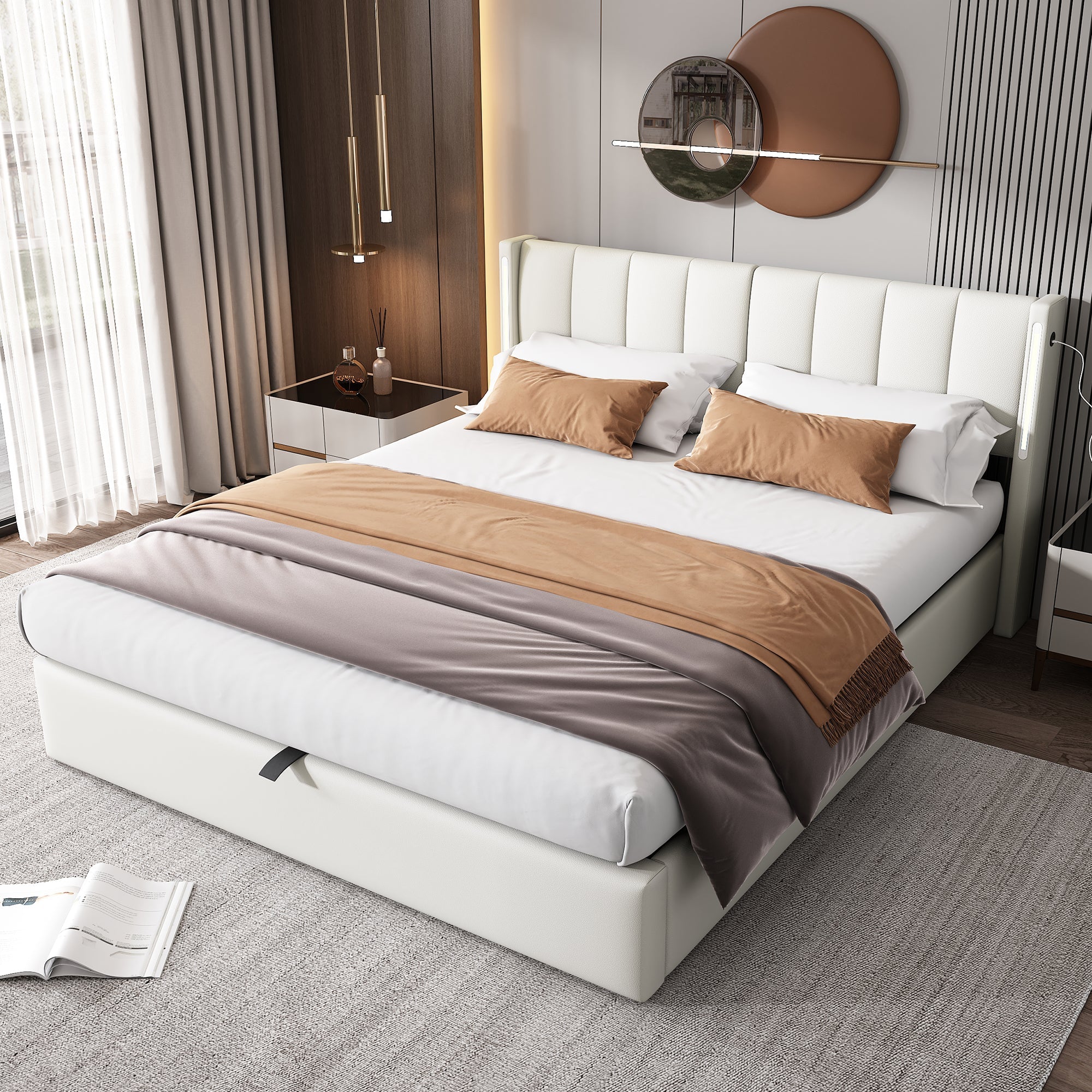 Logidon Binaural LED gestoffeerd bed 140 x 200 cm wit met opbergruimte