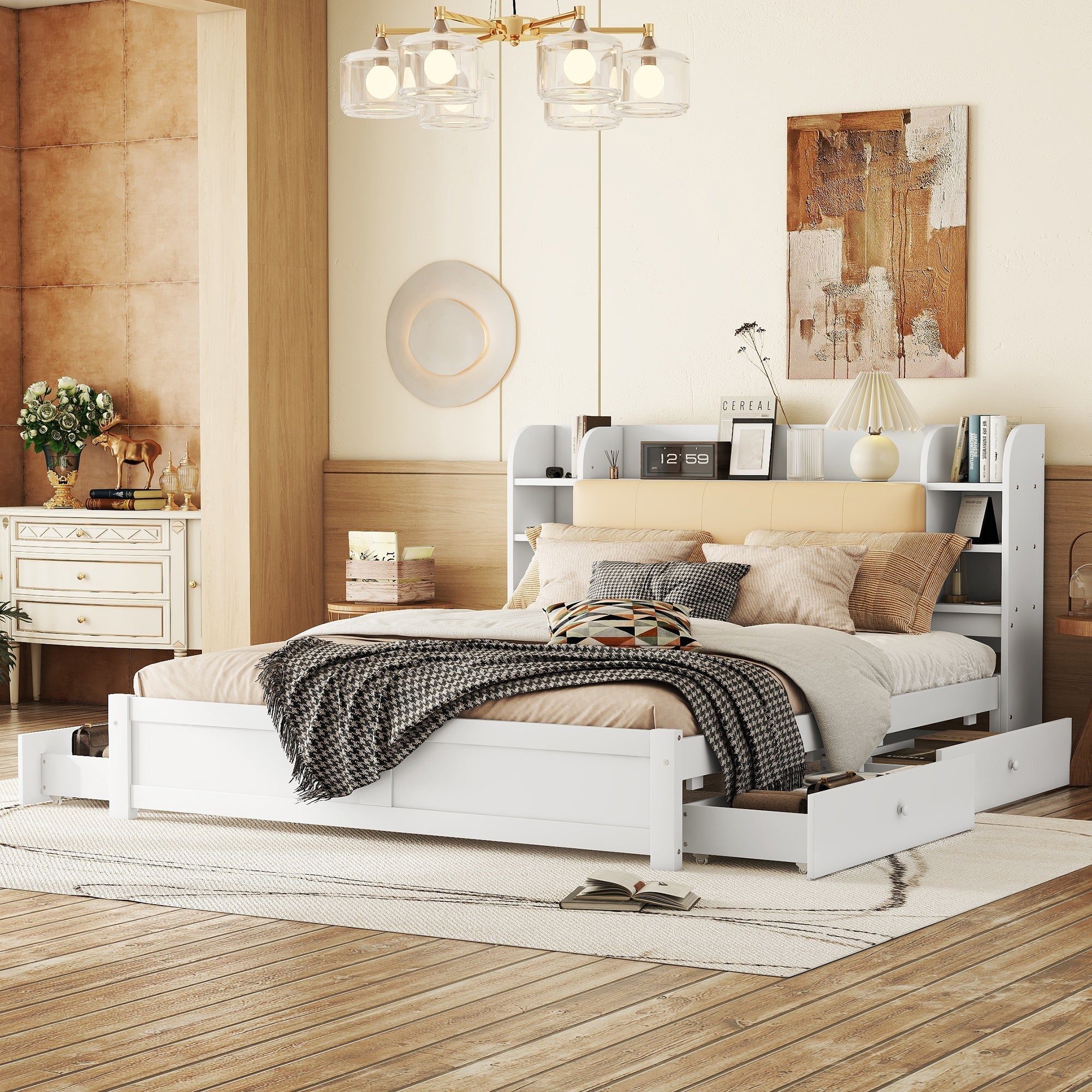 Logidon 180x200 cm plat bed met opklapbaar hoofdbord opbergruimte wit
