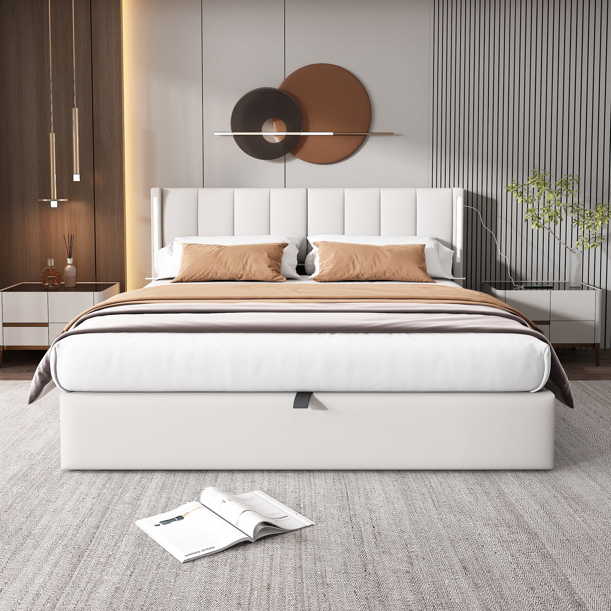 Logidon Binaural LED gestoffeerd bed 140 x 200 cm wit met opbergruimte