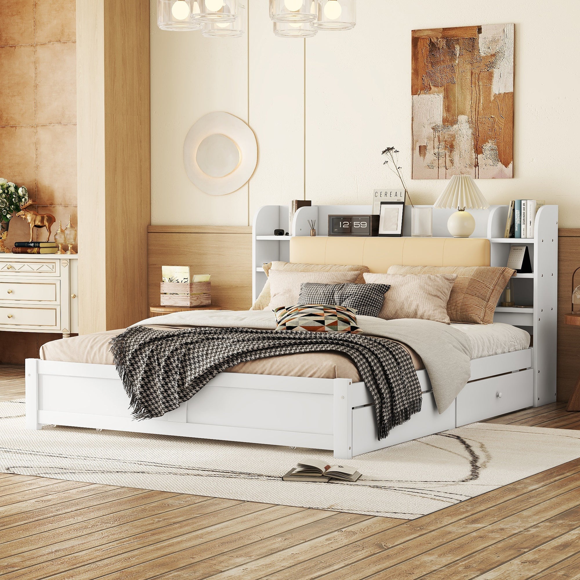 Logidon 180x200 cm plat bed met opklapbaar hoofdbord opbergruimte wit