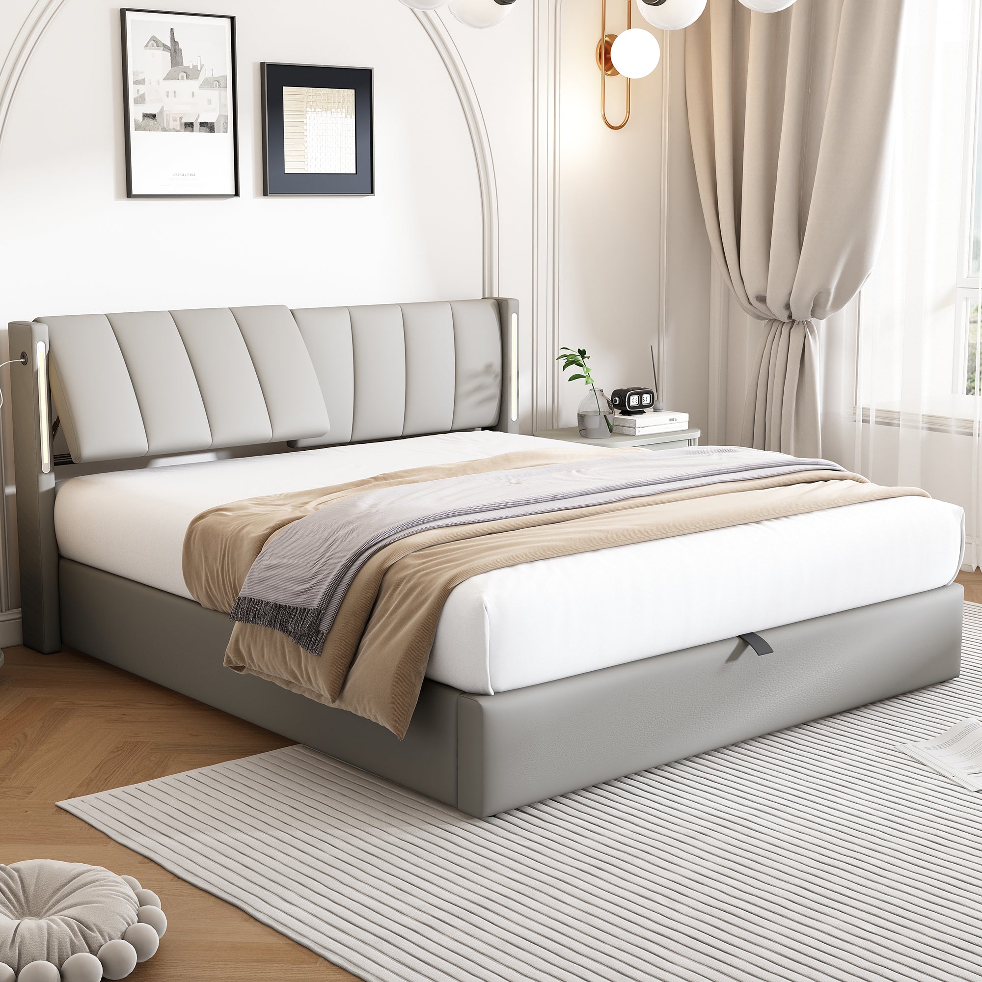 Logidon LED gestoffeerd bed 180x200 cm grijs verstelbaar hoofdbord USB
