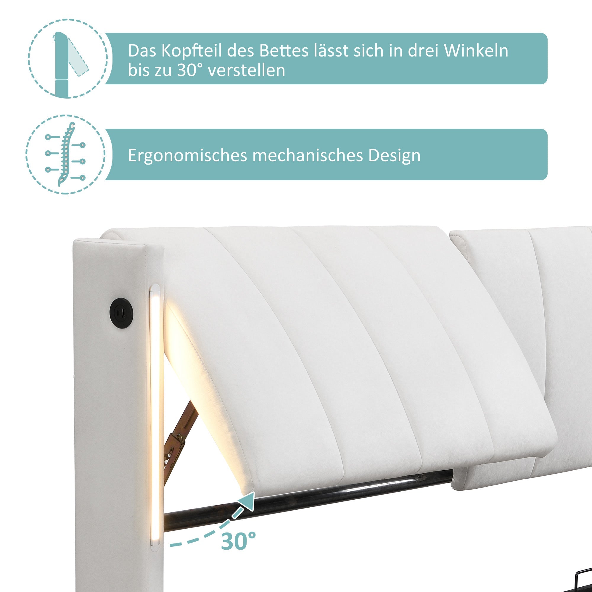 Logidon Binaural LED gestoffeerd bed 140 x 200 cm wit met opbergruimte