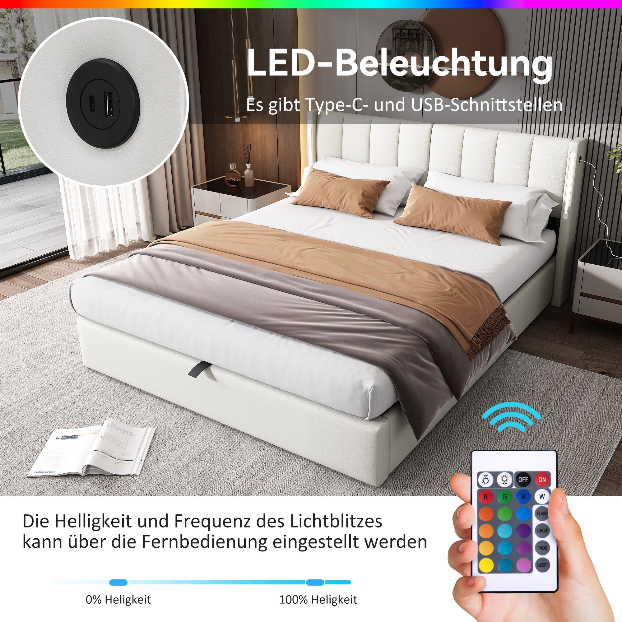Logidon Binaural LED gestoffeerd bed 140 x 200 cm wit met opbergruimte