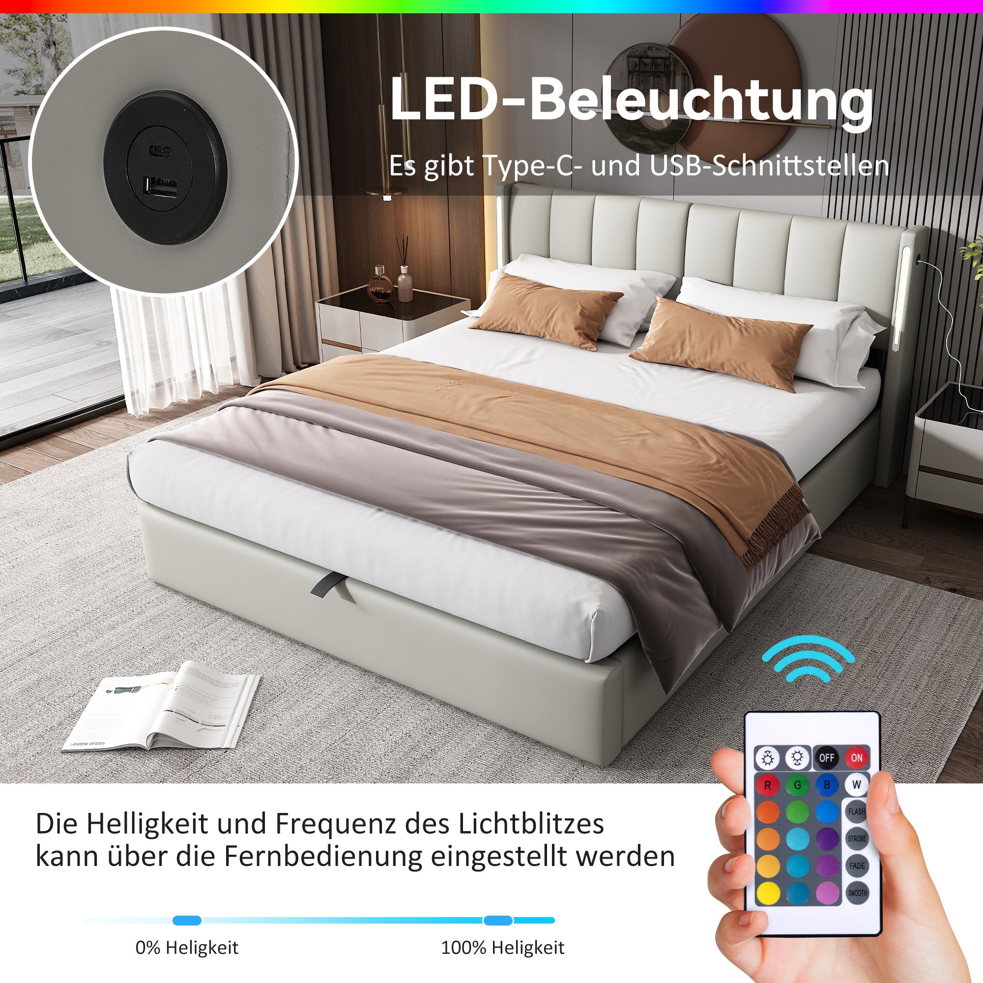 Logidon LED gestoffeerd bed 180x200 cm grijs verstelbaar hoofdbord USB