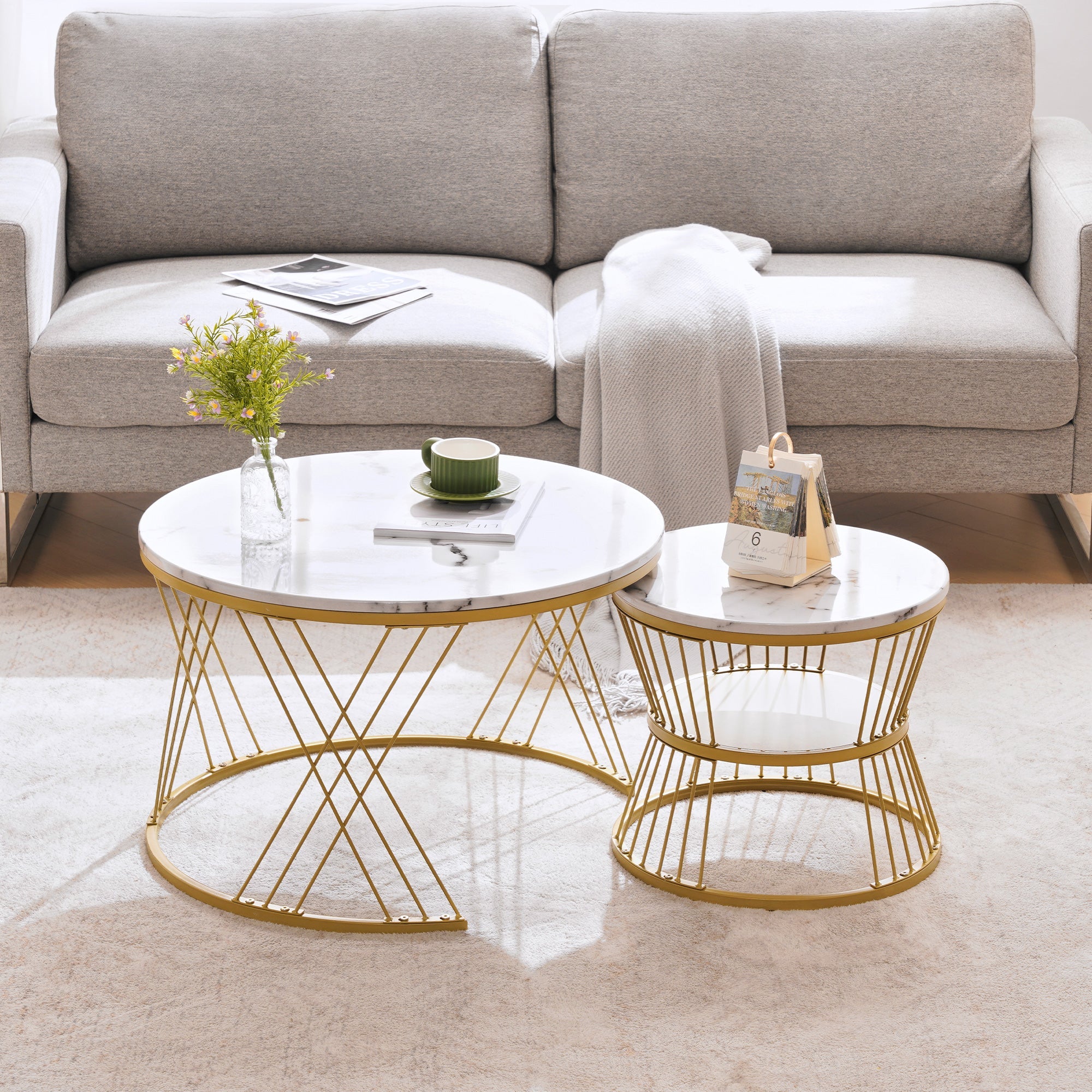 Logidon ronde salontafels wit marmer fineer gouden frame nesting