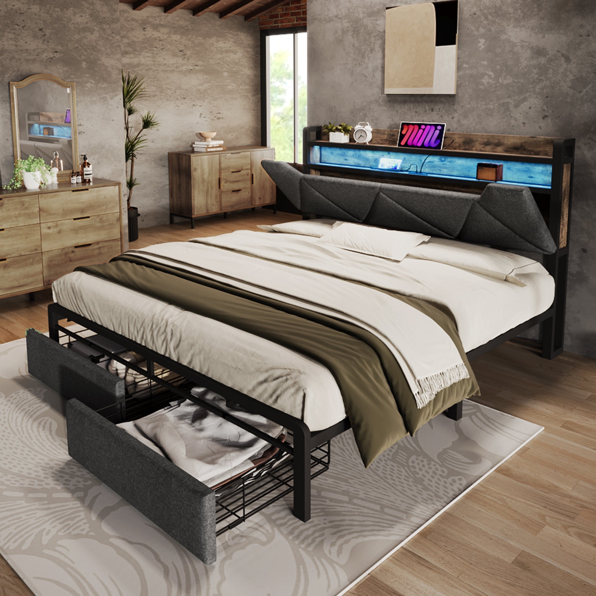 Logidon gestoffeerd bed 140x200 USB C oplaadfunctie lades hoofdbord grijs