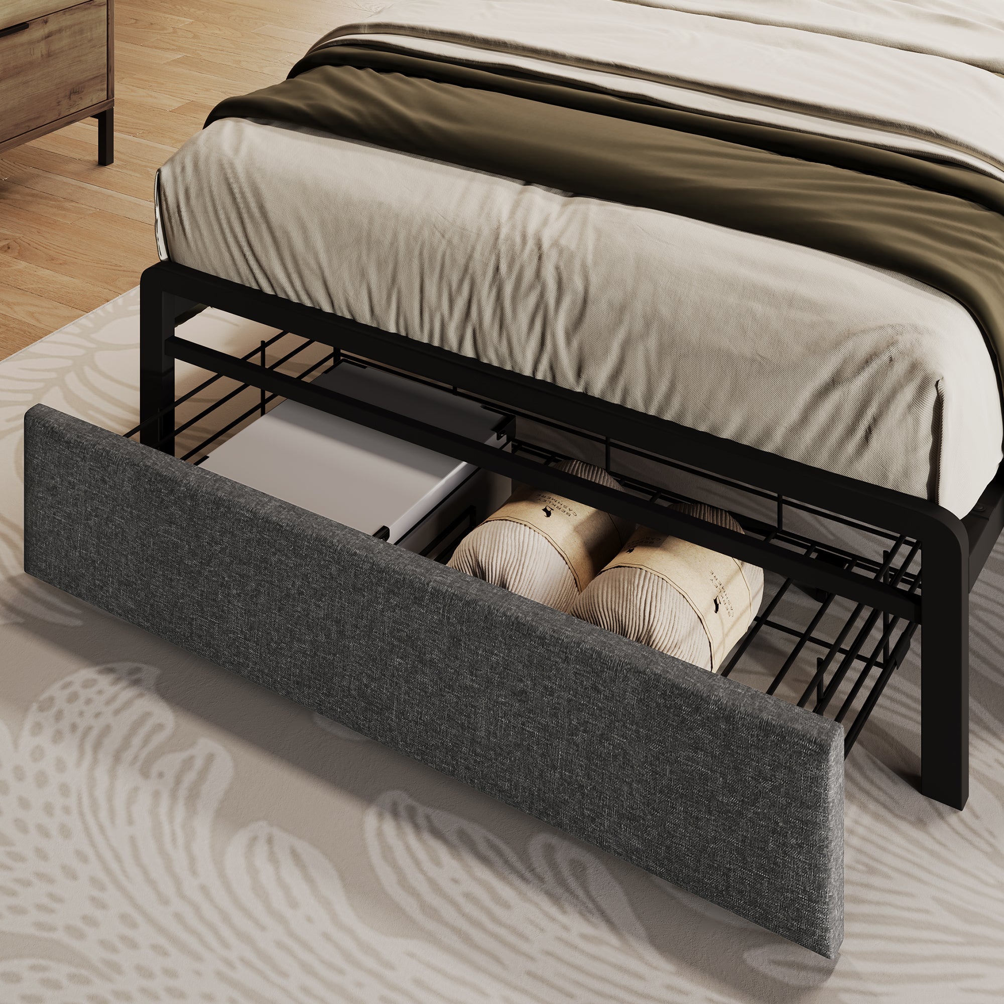 Logidon gestoffeerd bed USB oplaadfunctie opbergruimte hoofdbord LED grijs 90x200