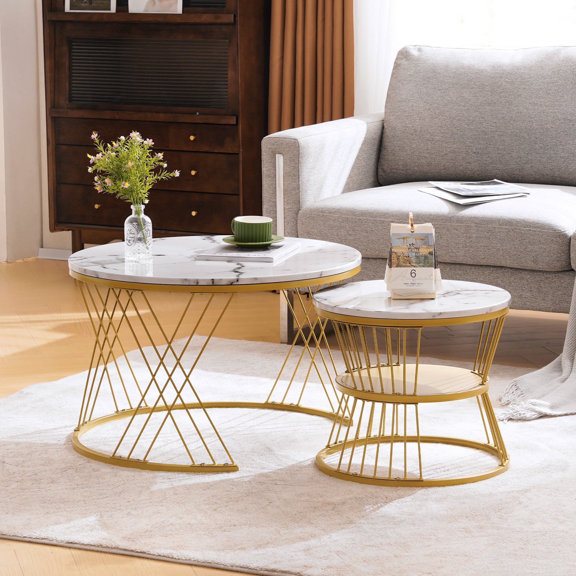Logidon ronde salontafels wit marmer fineer gouden frame nesting