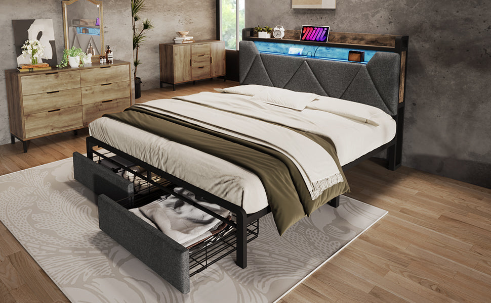 Logidon gestoffeerd bed 140x200 USB C oplaadfunctie lades hoofdbord grijs