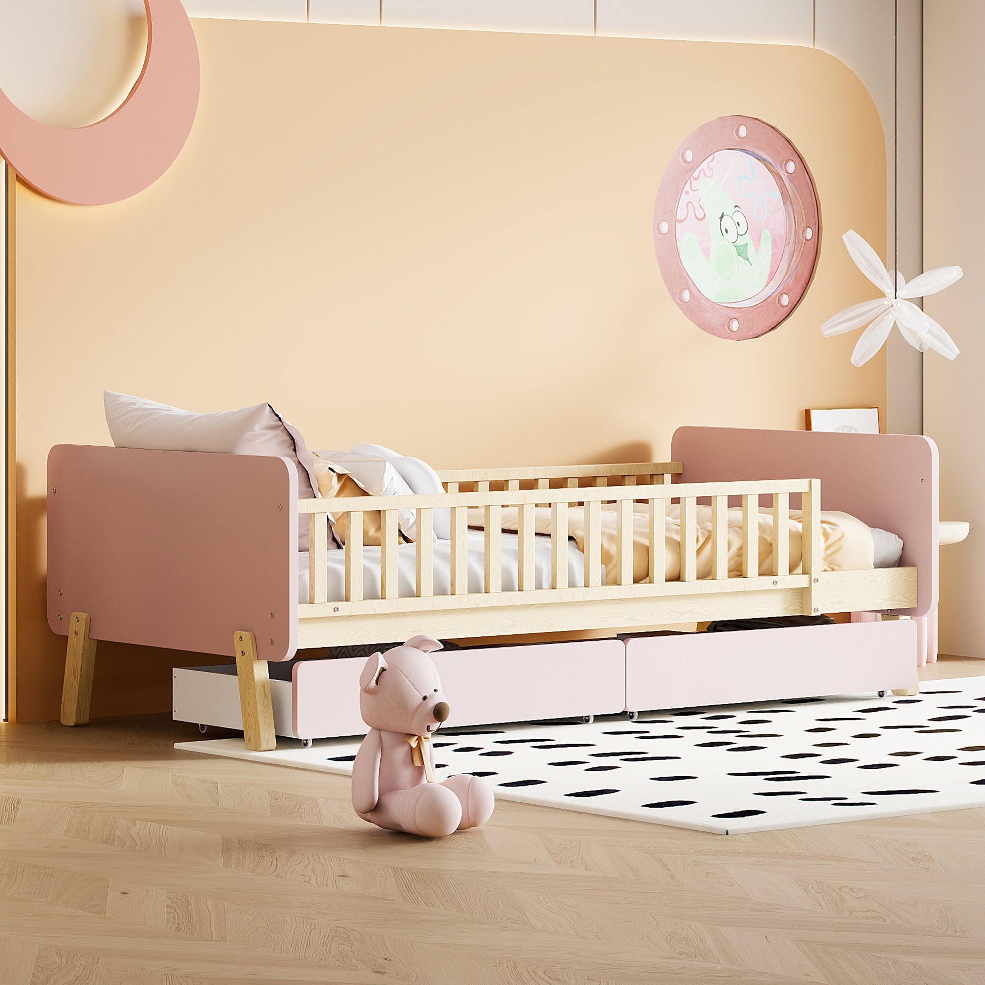 Logidon kinderbed 90x190 roze met 2 lades massief houten lattenbodem