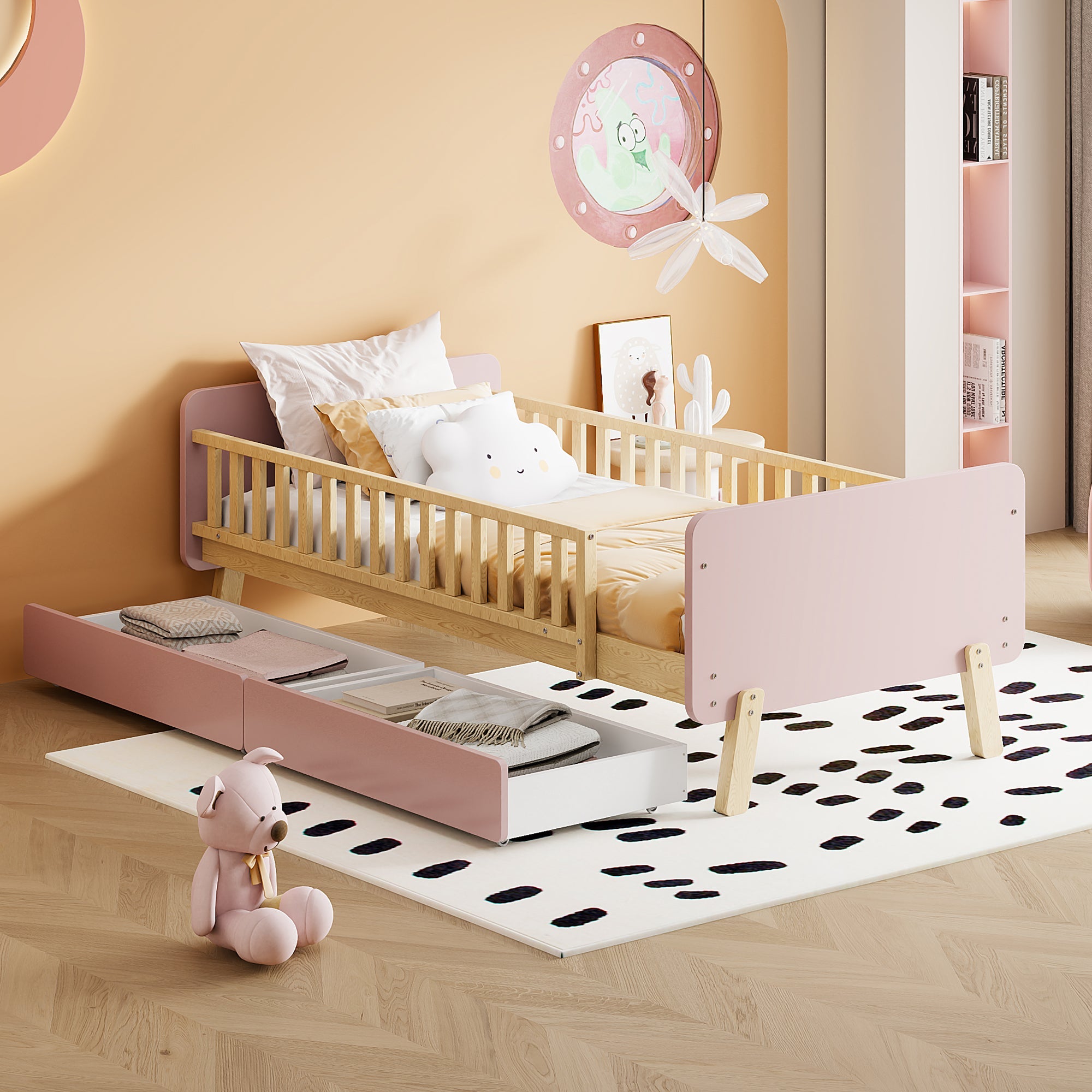 Logidon kinderbed 90x190 roze met 2 lades massief houten lattenbodem