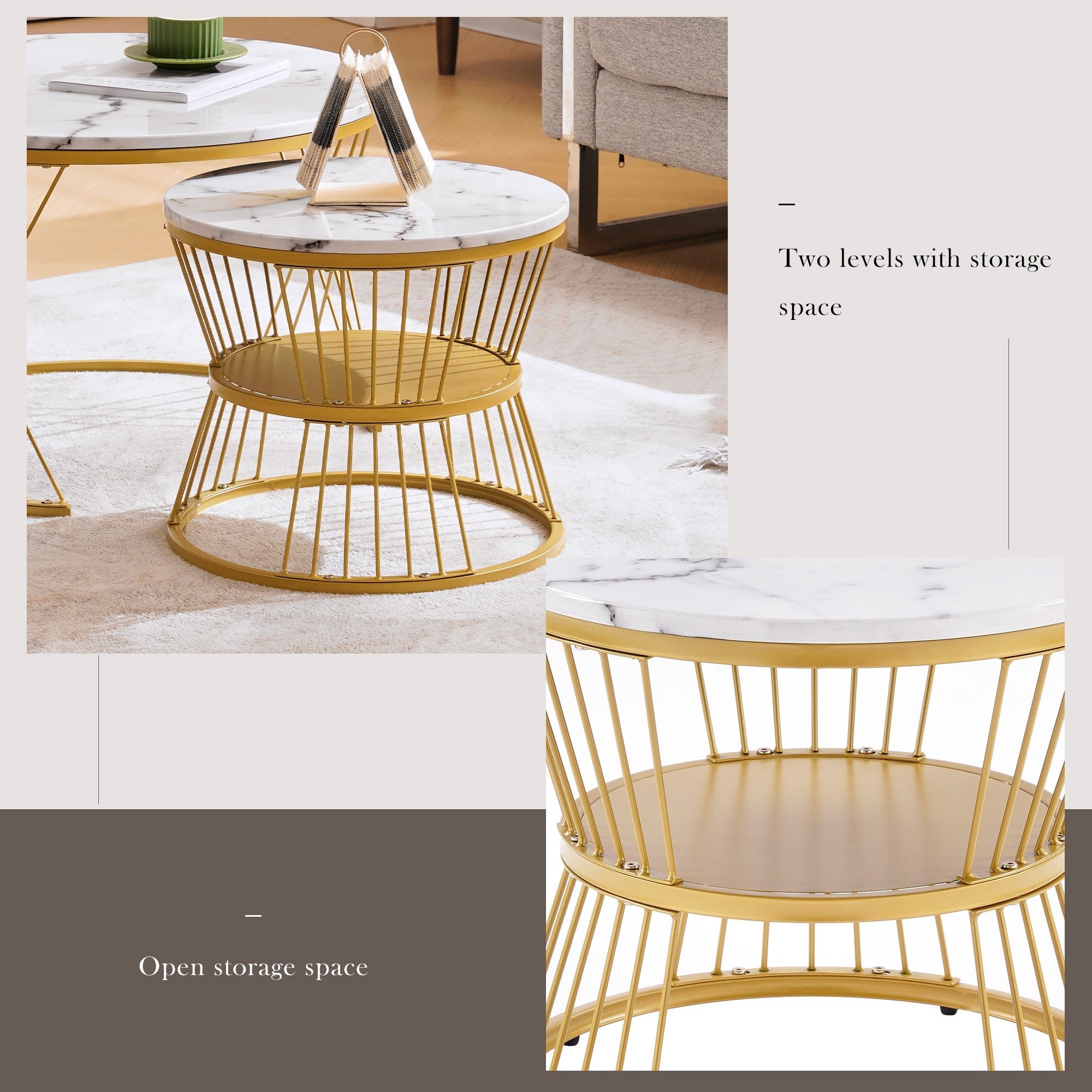 Logidon ronde salontafels wit marmer fineer gouden frame nesting
