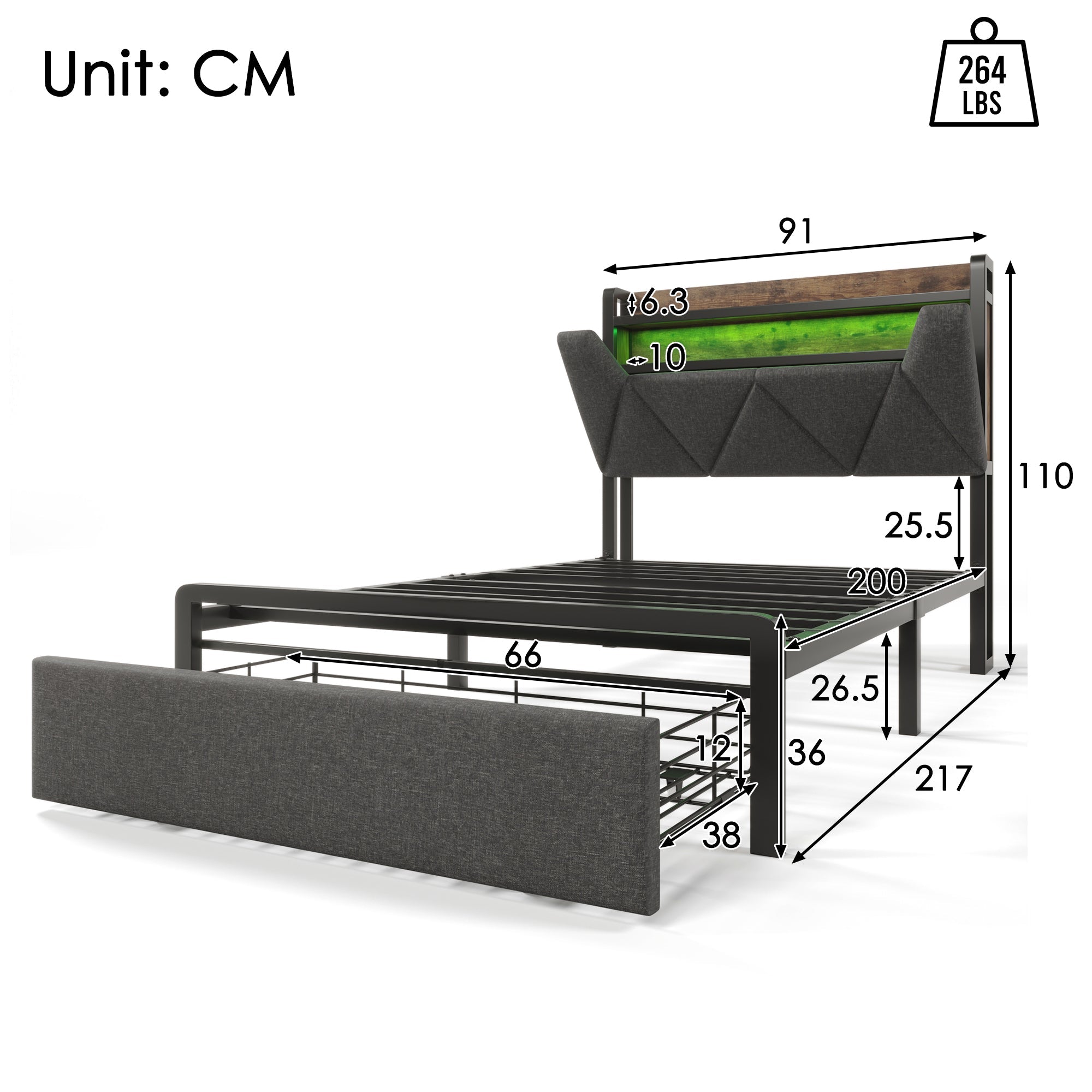 Logidon gestoffeerd bed 90x200 USB Type C oplaadfunctie opbergruimte hoofdbord
