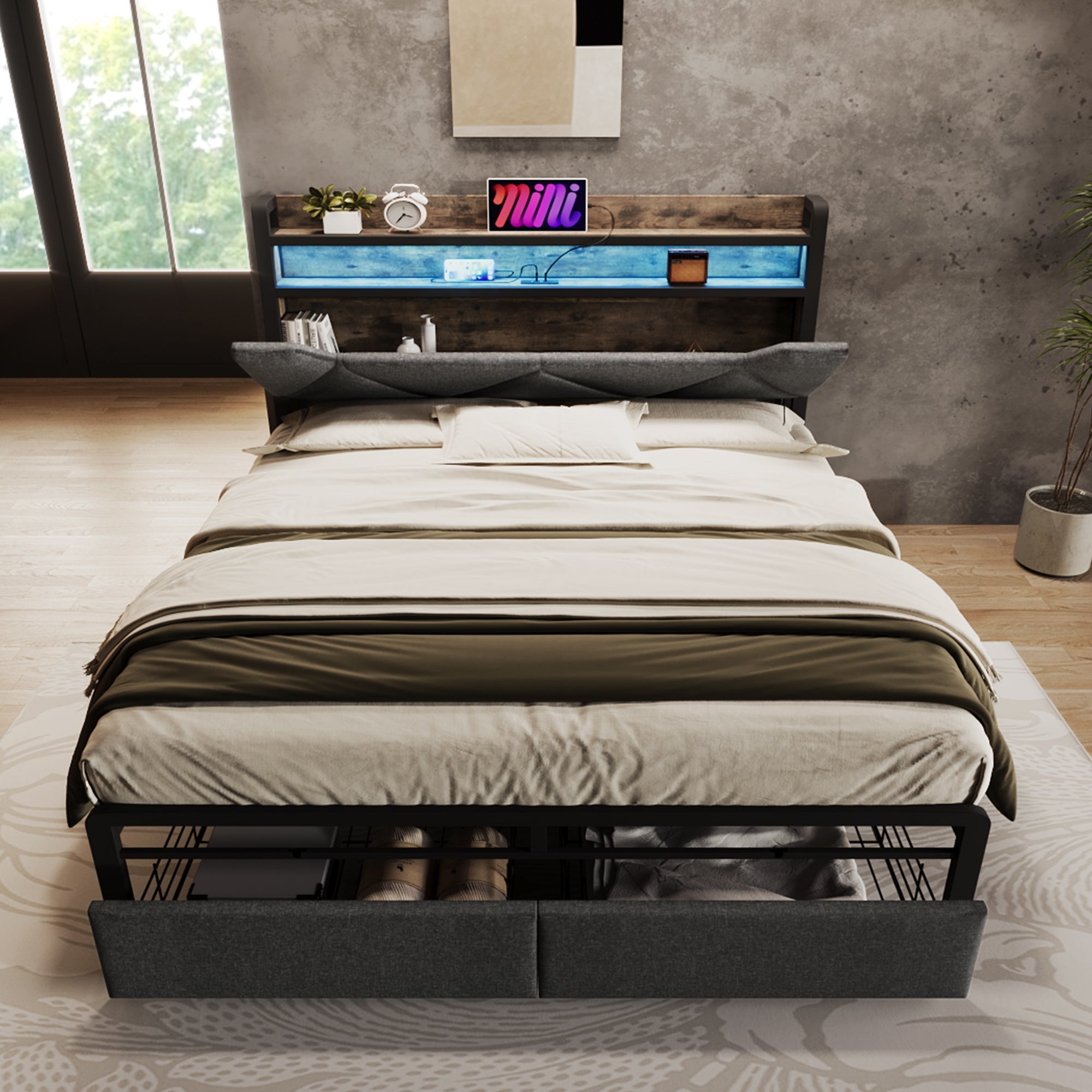 Logidon gestoffeerd bed 140x200 USB C oplaadfunctie lades hoofdbord grijs