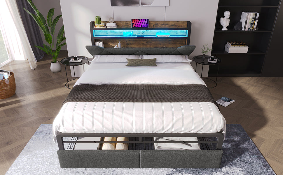 Logidon Upholstered Bed 140x200 USB Type C Charging Function and Storage Space Gray
